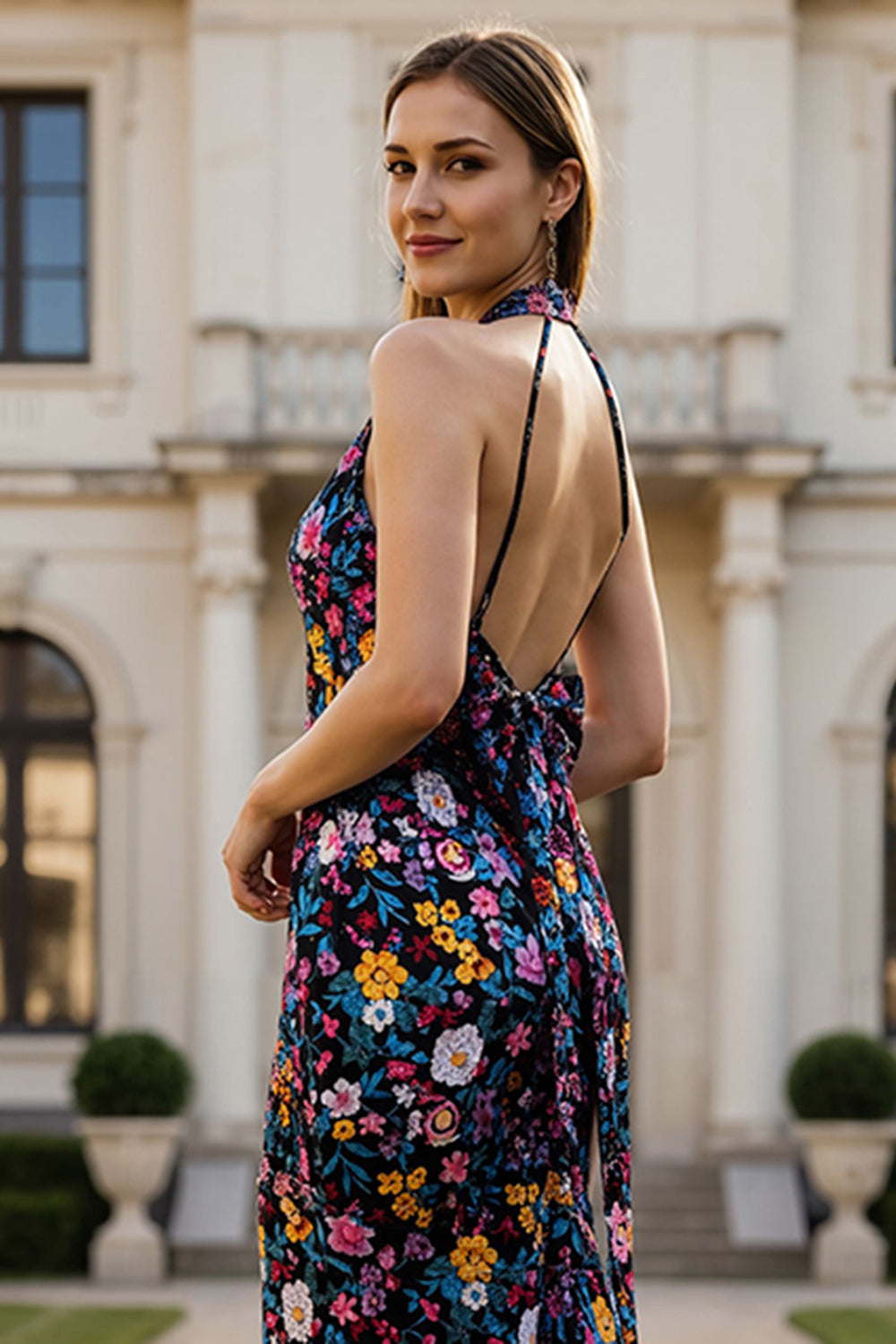 Floral Black Halter Neck Backless Long Mermaid Prom Dress with Bow