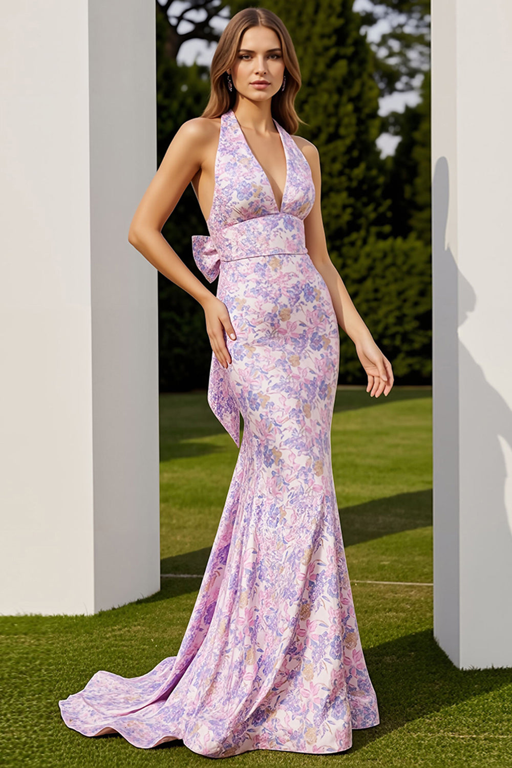 Lilac Mermaid Halter Backless Long Floral Prom Dress with Bow