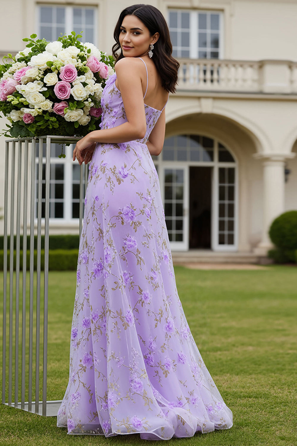 Floral Lilac Keyhole A Line Long Tulle Prom Dress with Slit