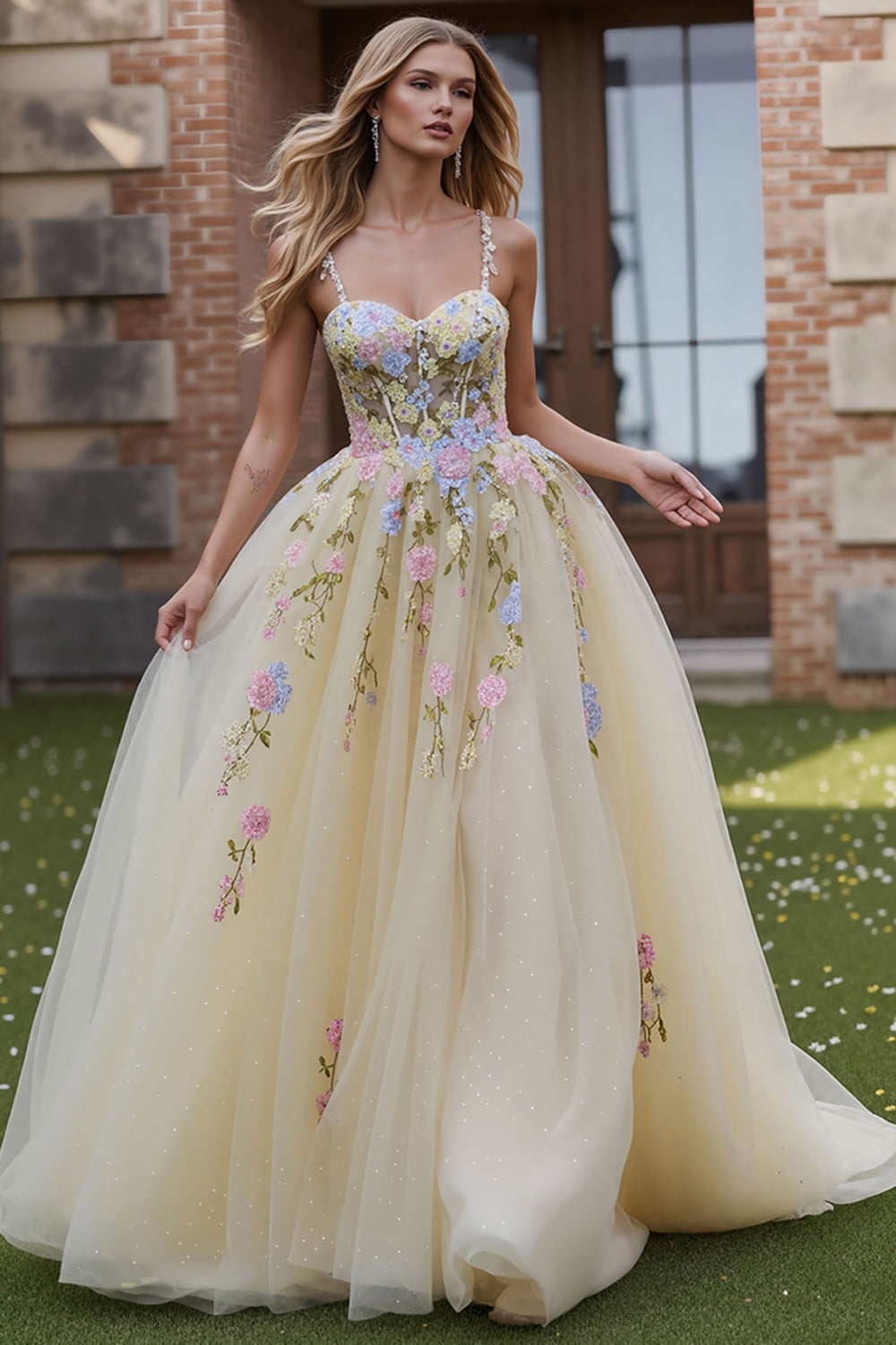 Daffodil A Line Tulle Spaghetti Straps Corset Long Floral Prom Dress