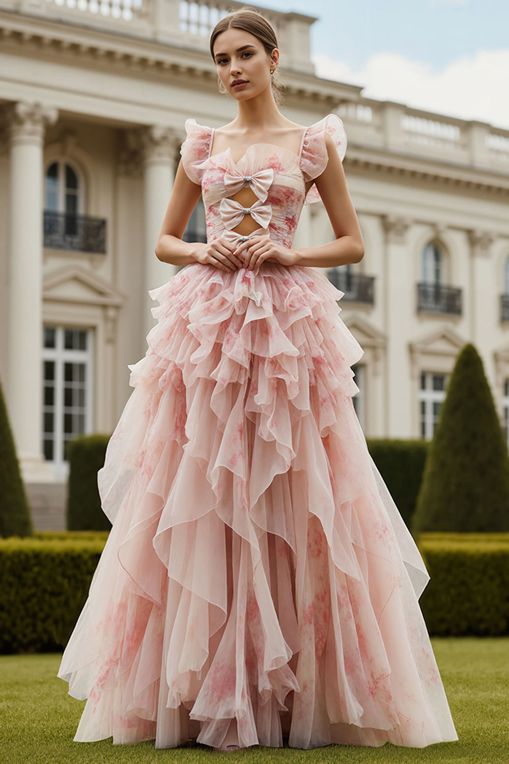 Floral Blush A Line Square Neck Long Prom Dress with Ruffles