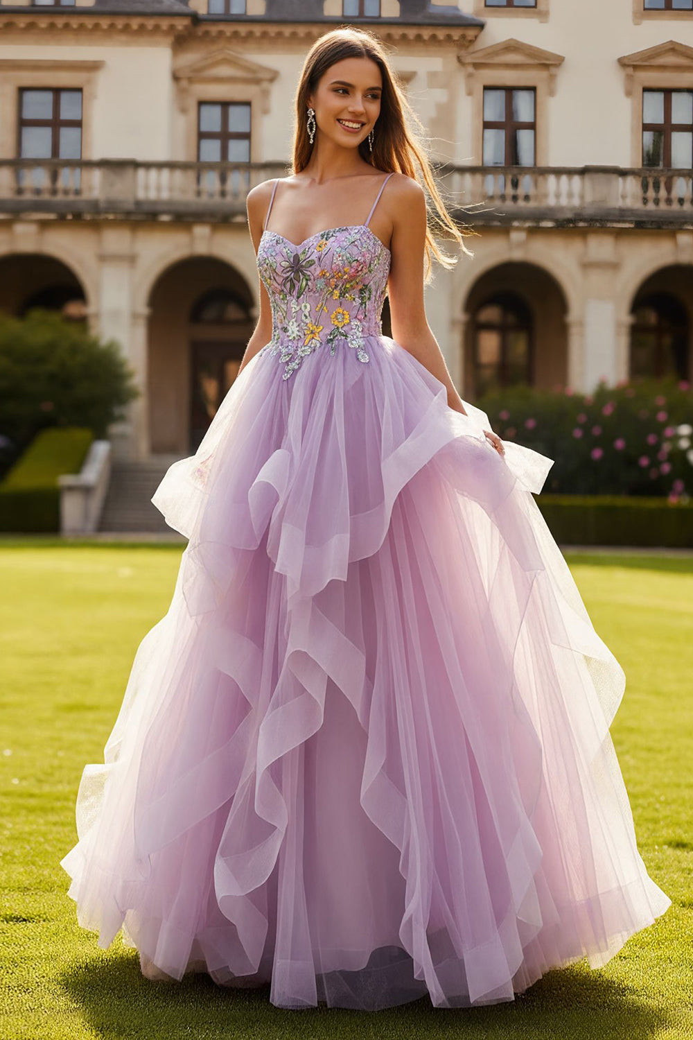 Floral Lilac Ball Gown Spaghetti Straps Long Tulle Prom Dress with Ruffles