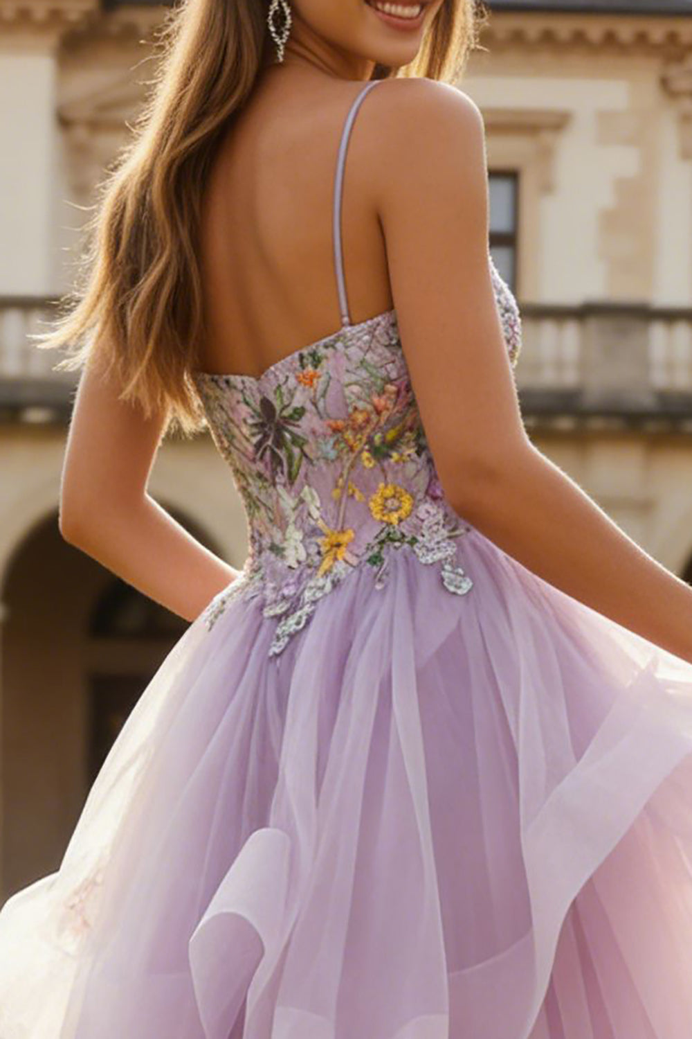 Floral Lilac Ball Gown Spaghetti Straps Long Tulle Prom Dress with Ruffles