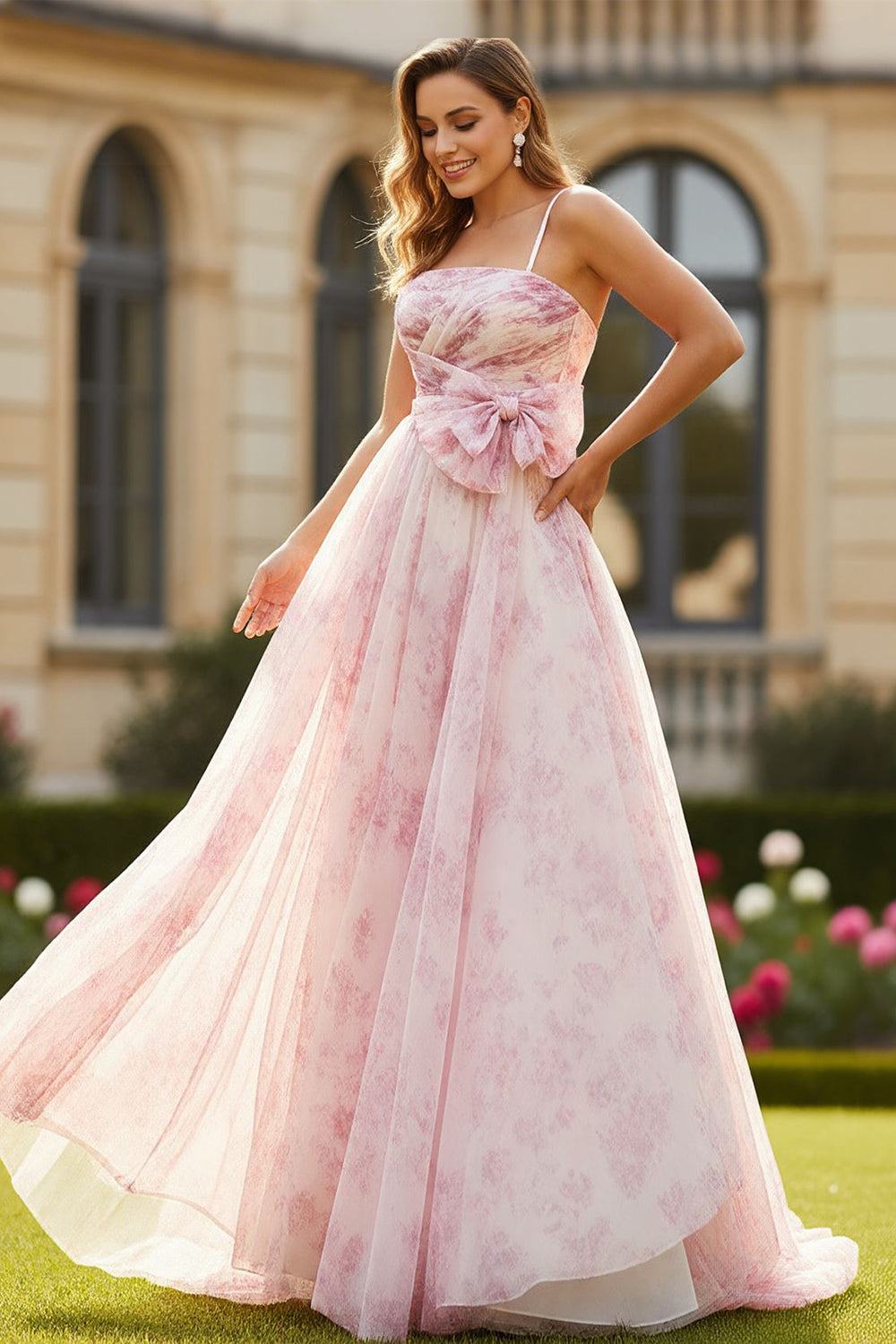 Floral Blush A Line Spaghetti Straps Long Prom Dress with Bow