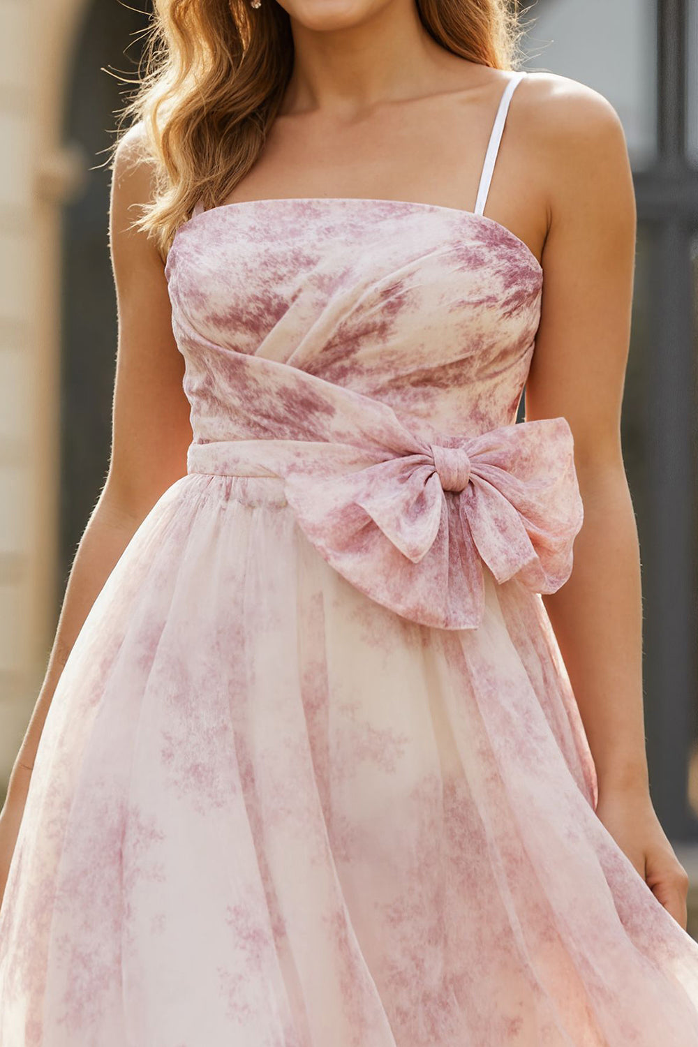 Floral Blush A Line Spaghetti Straps Long Prom Dress with Bow