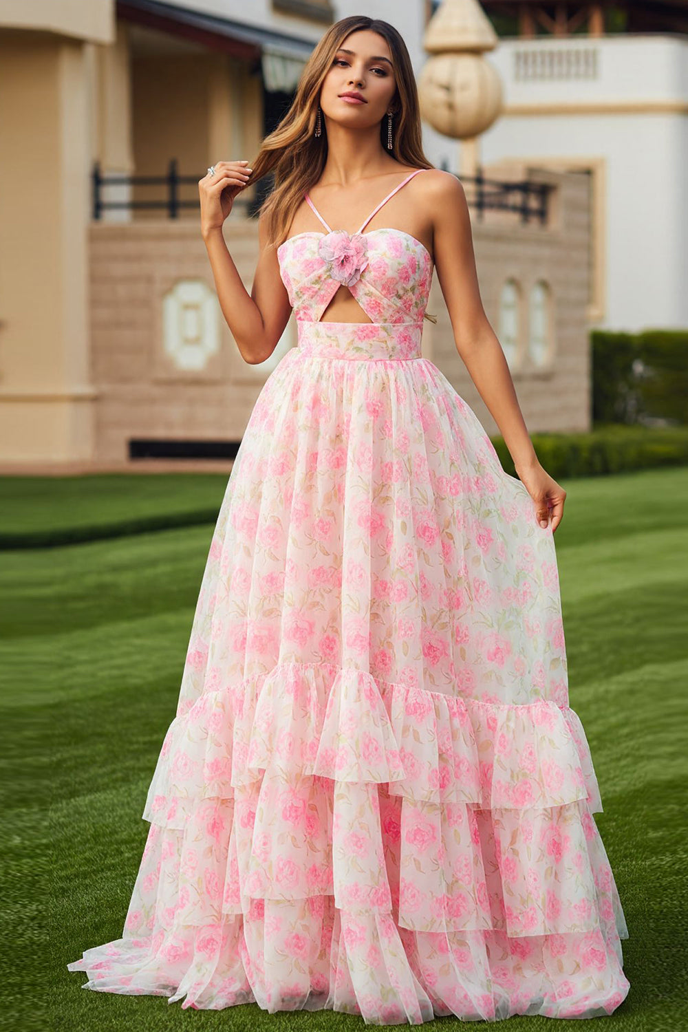 Floral Pink A Line Ruffled Spaghetti Straps Long Prom Dress with Keyhole