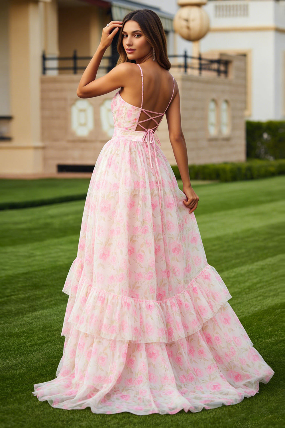 Floral Pink A Line Ruffled Spaghetti Straps Long Prom Dress with Keyhole