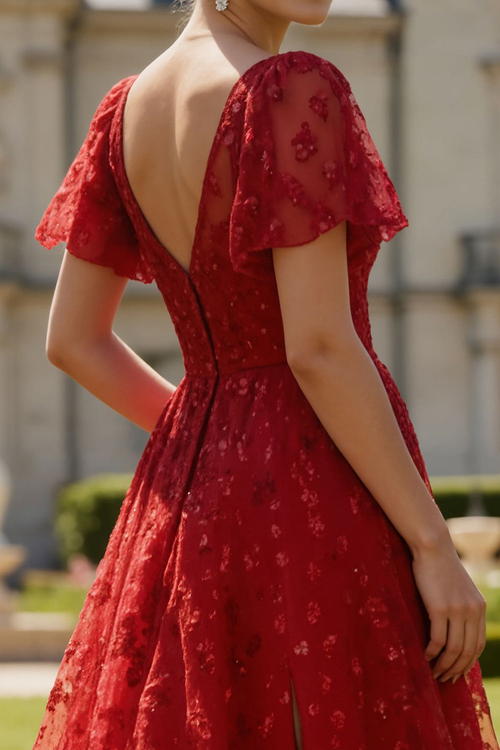 Floral Dark Red Boat Neck A Line Long Prom Dress with Sleeves