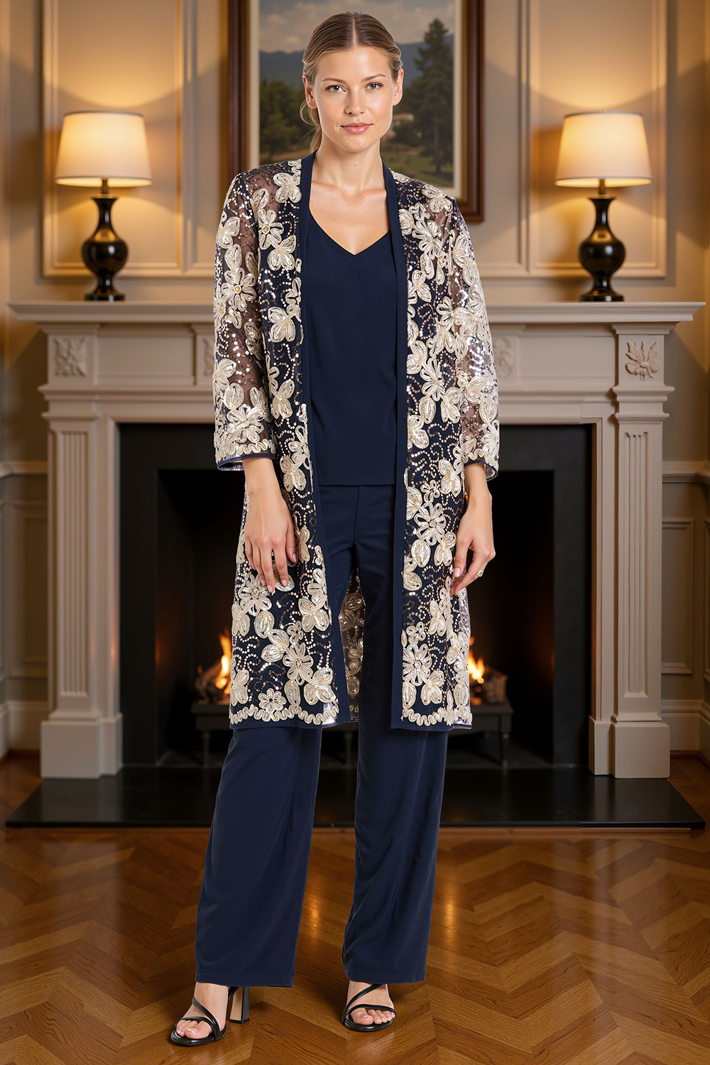 Sparkly Navy Lace 3 Piece Floral Mother of the Bride Pant Suits with Jacket