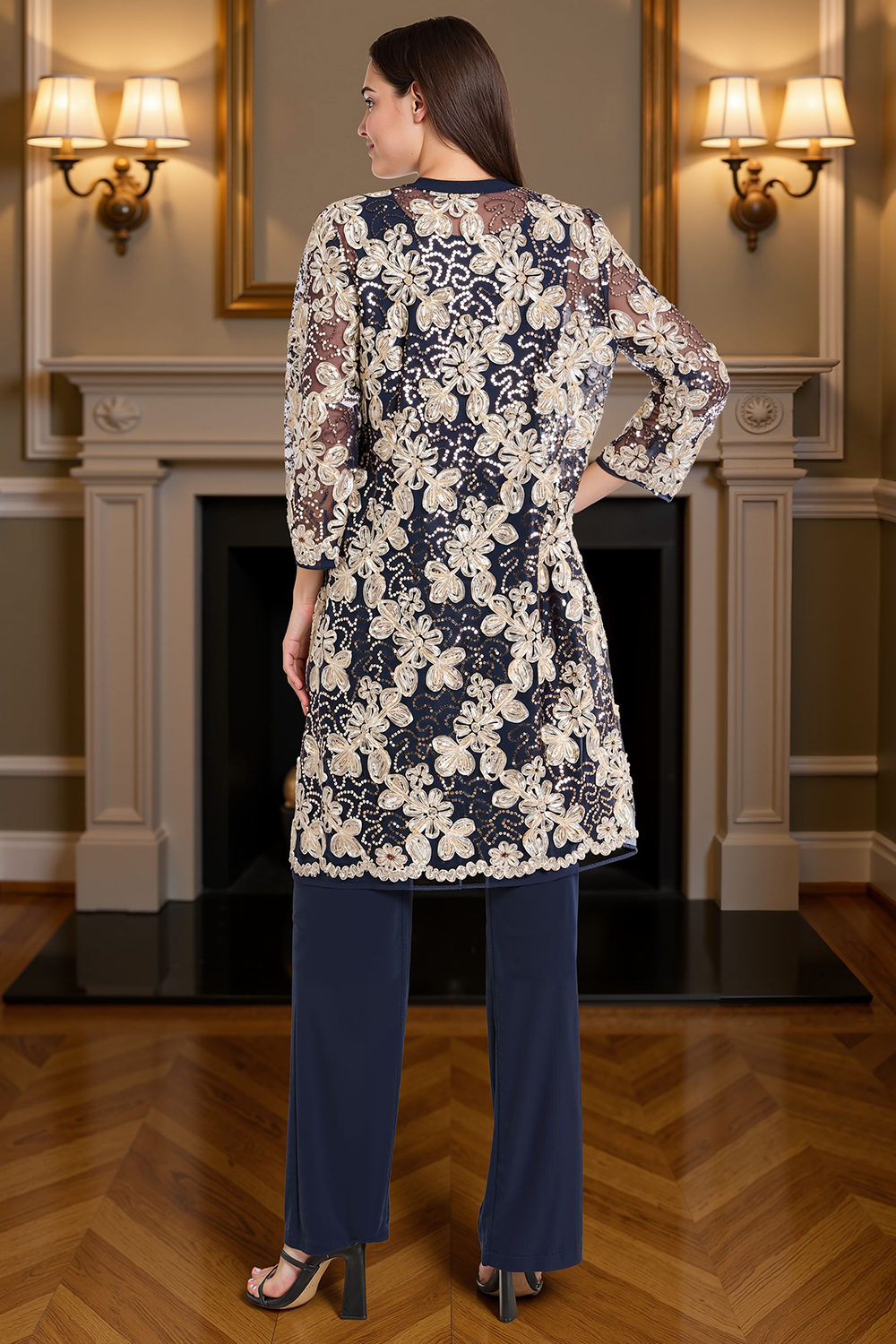 Sparkly Navy Lace 3 Piece Floral Mother of the Bride Pant Suits with Jacket