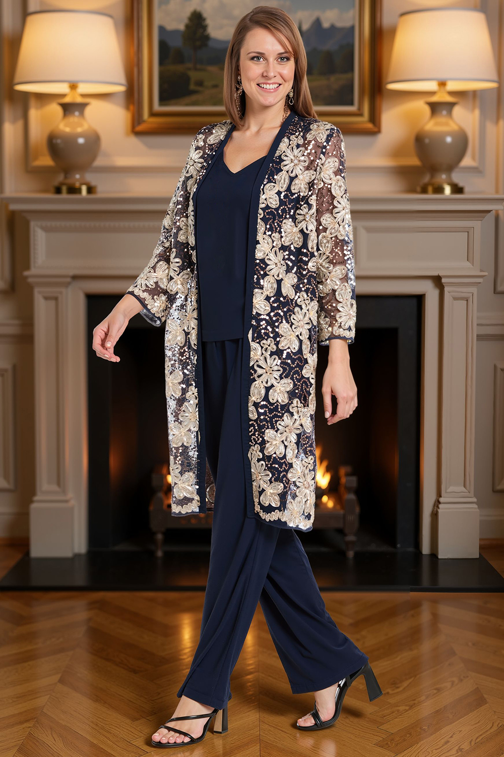 Sparkly Navy Lace 3 Piece Floral Mother of the Bride Pant Suits with Jacket