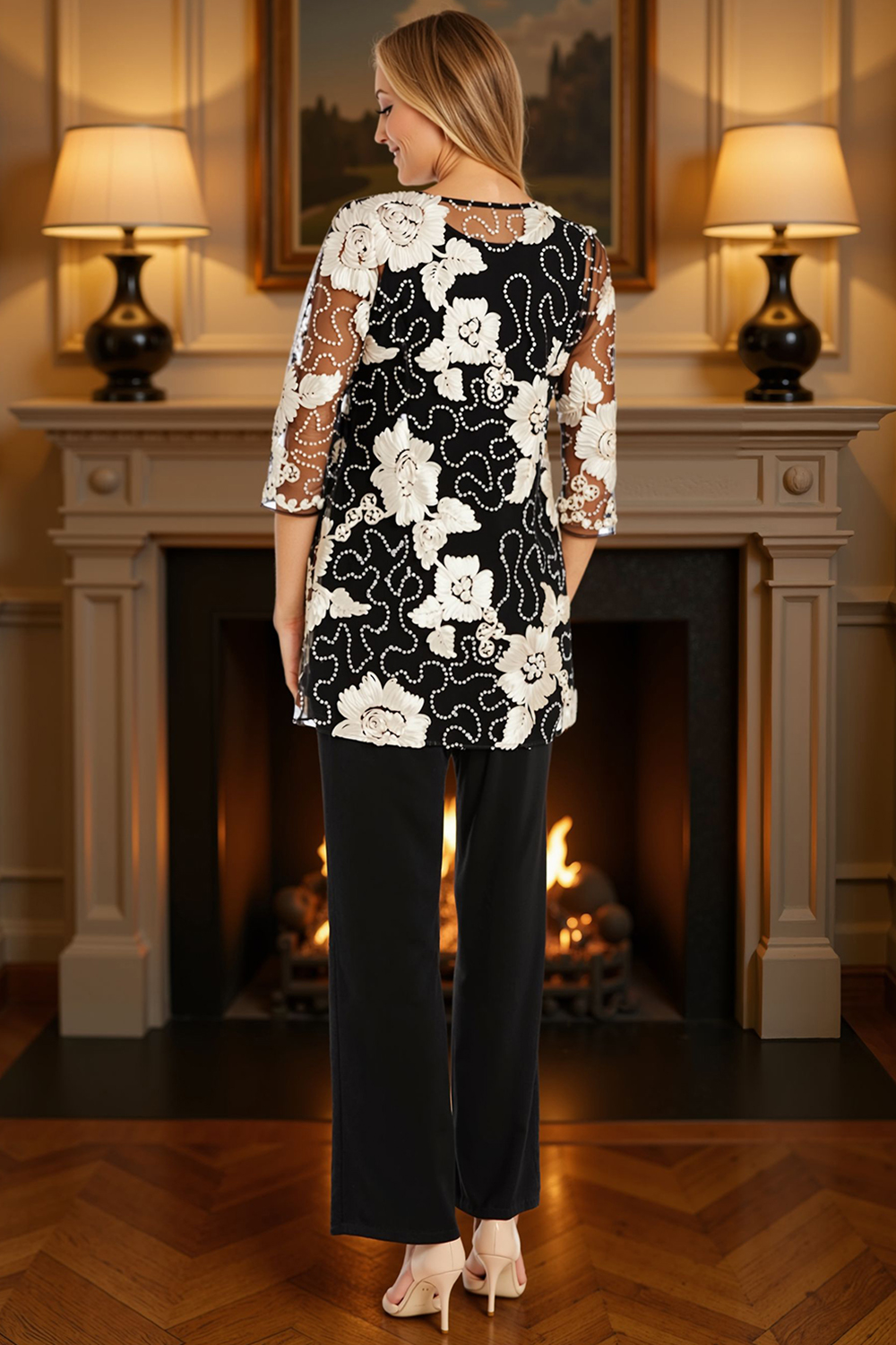 Sparkly Floral Lace Black 3 Piece Mother of the Bride Pant Suits with Jacket