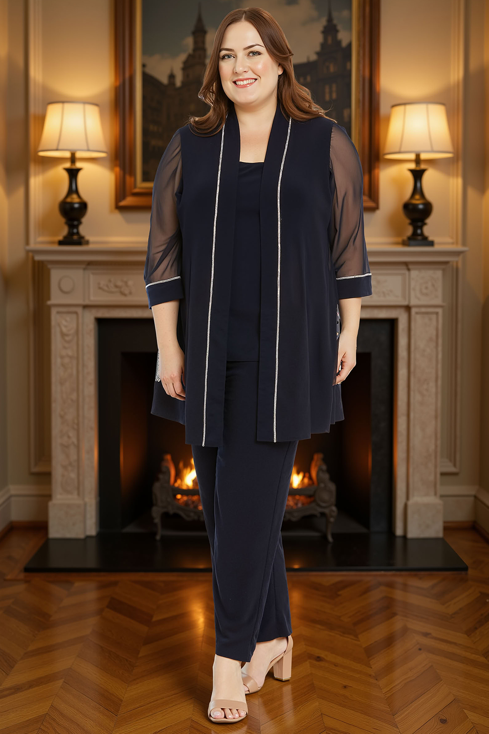 Ink Blue 3 Piece 3/4 Sleeves Mother of the Bride Pant Suits with Jacket