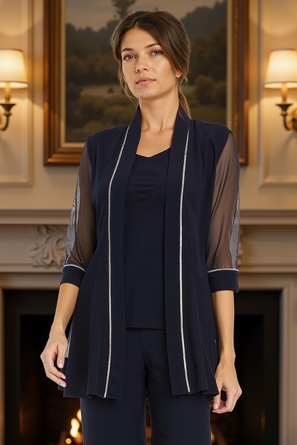 Ink Blue 3 Piece 3/4 Sleeves Mother of the Bride Pant Suits with Jacket