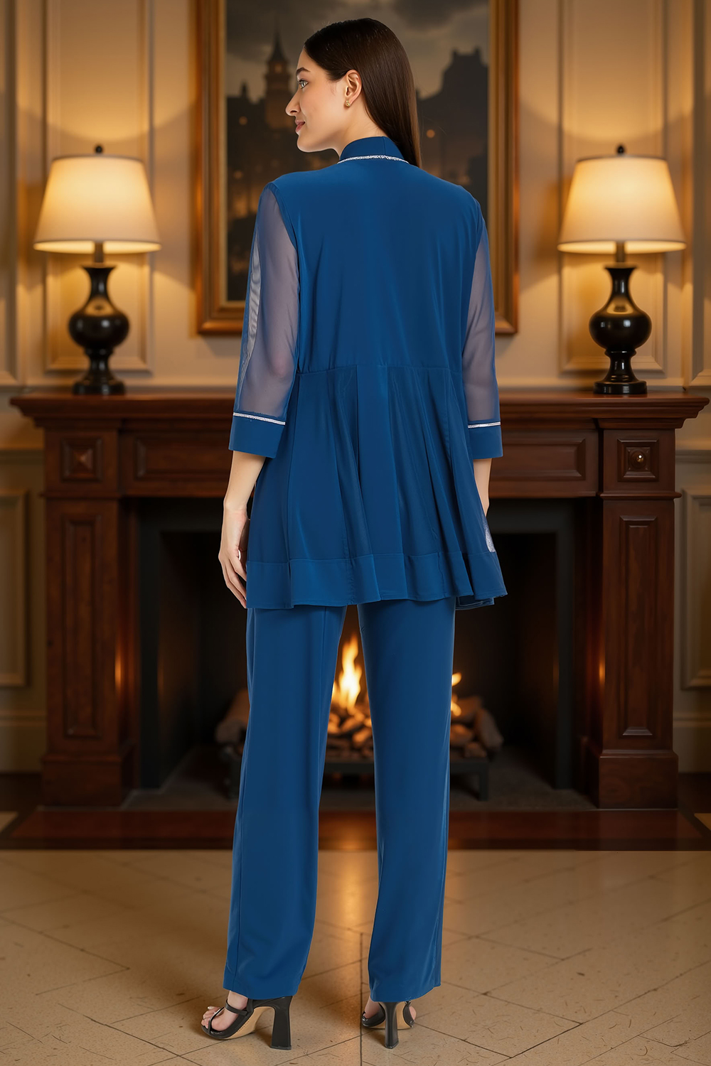 Ink Blue 3 Piece 3/4 Sleeves Mother of the Bride Pant Suits with Jacket