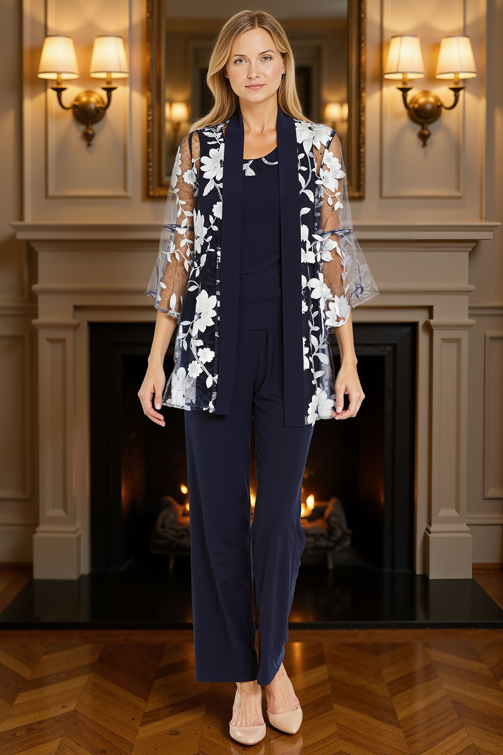 Navy Floral 3 Piece Scoop Neck Mother of the Bride Pant Suits with Jacket