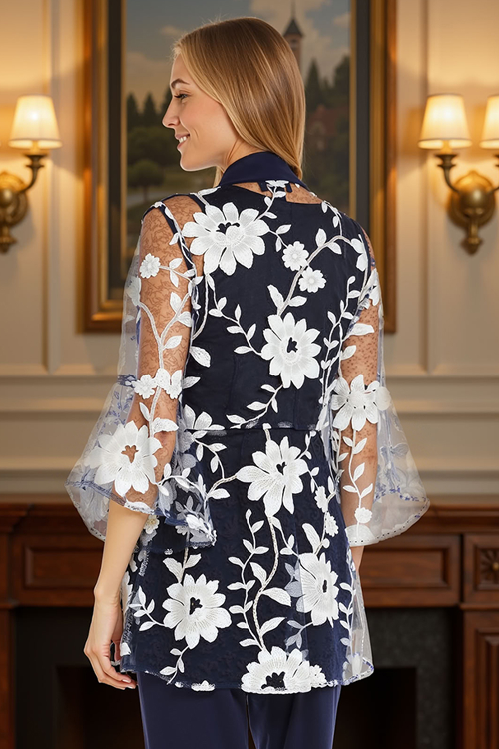 Navy Floral 3 Piece Scoop Neck Mother of the Bride Pant Suits with Jacket