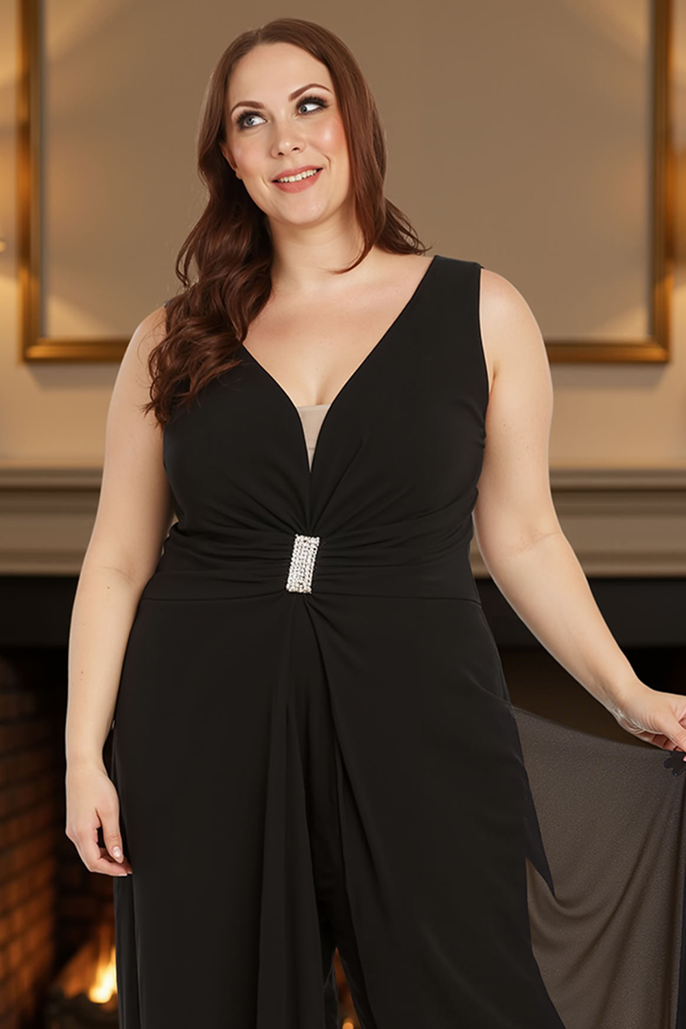 Sparkly V-Neck Black Floor-Length Mother of the Bride Jumpsuits with Beading