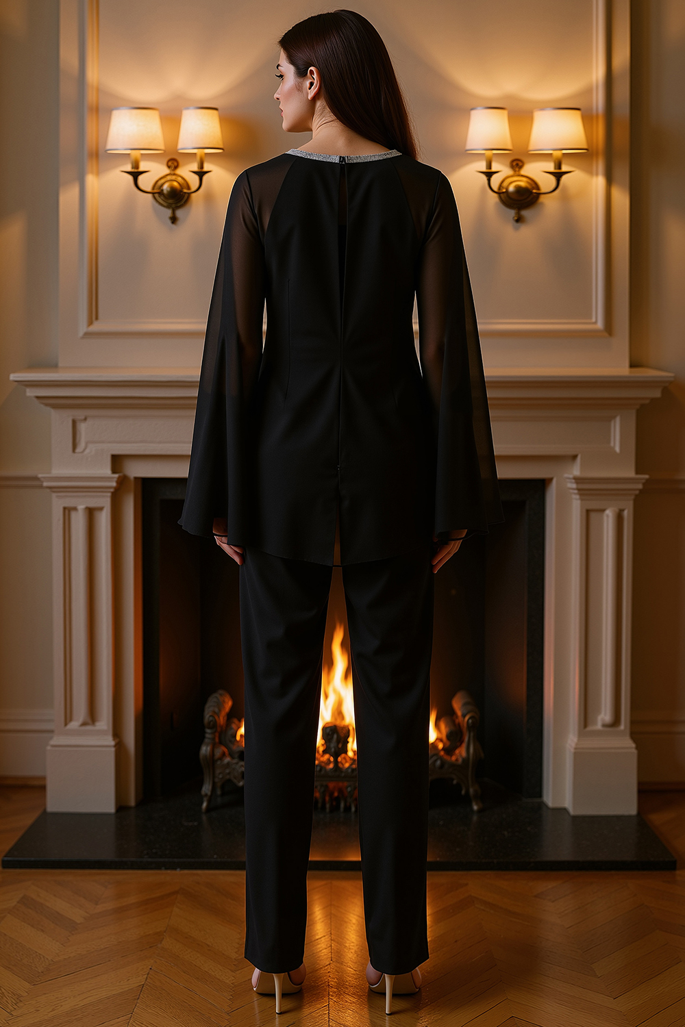 Sparkly Black Beaded 2 Piece Mother of the Bride Pant Suits with Cape