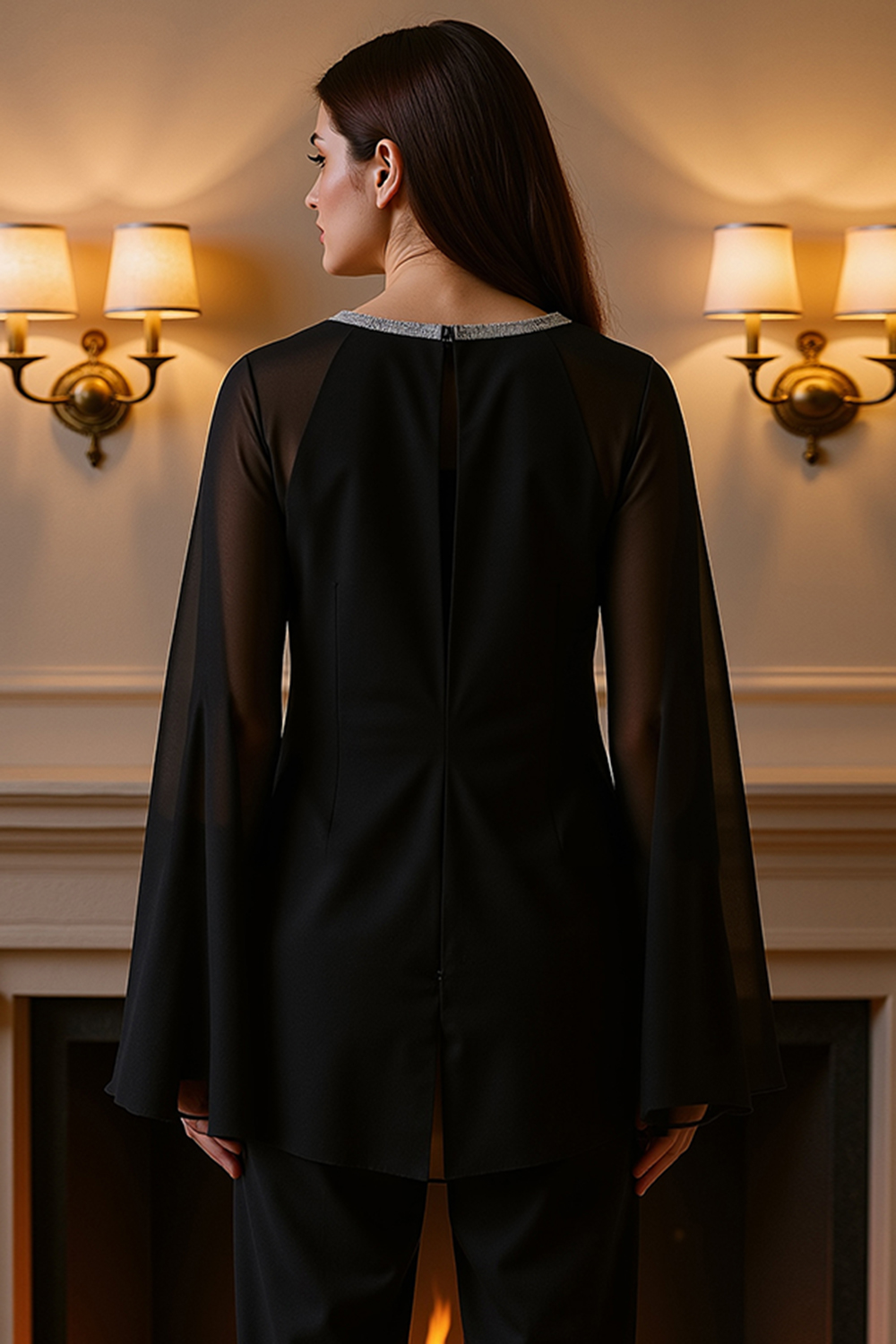 Sparkly Black Beaded 2 Piece Mother of the Bride Pant Suits with Cape