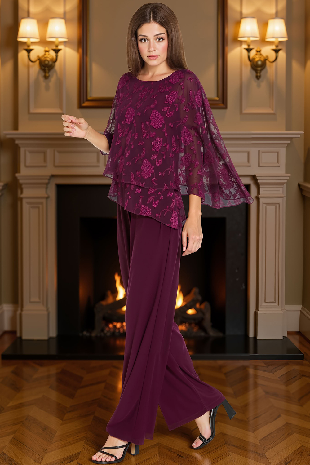 Lace Floral Grape Tiered 2 Piece Mother of the Bride Pant Suits