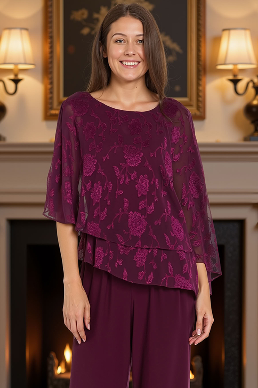 Lace Floral Grape Tiered 2 Piece Mother of the Bride Pant Suits