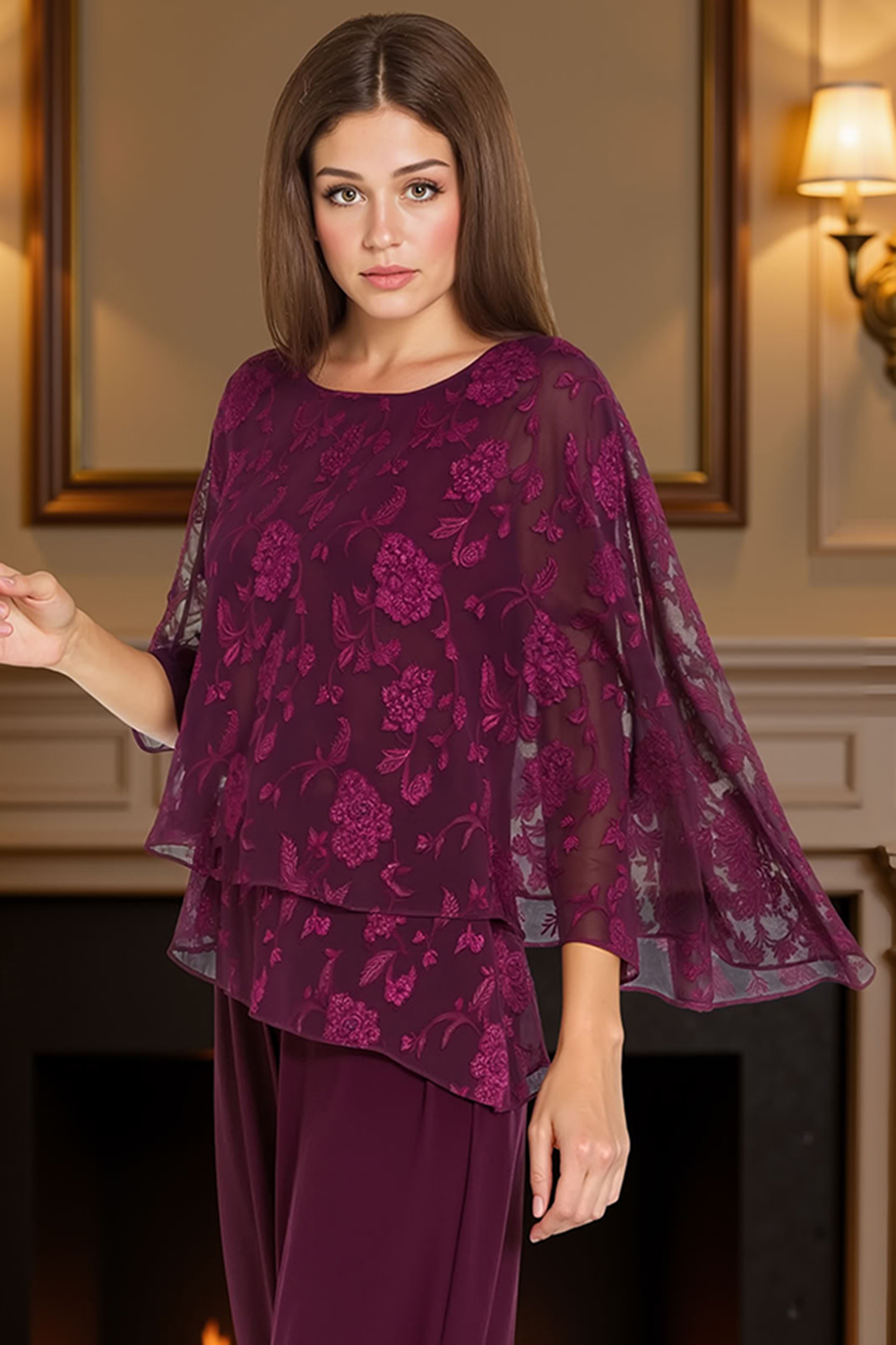 Lace Floral Grape Tiered 2 Piece Mother of the Bride Pant Suits