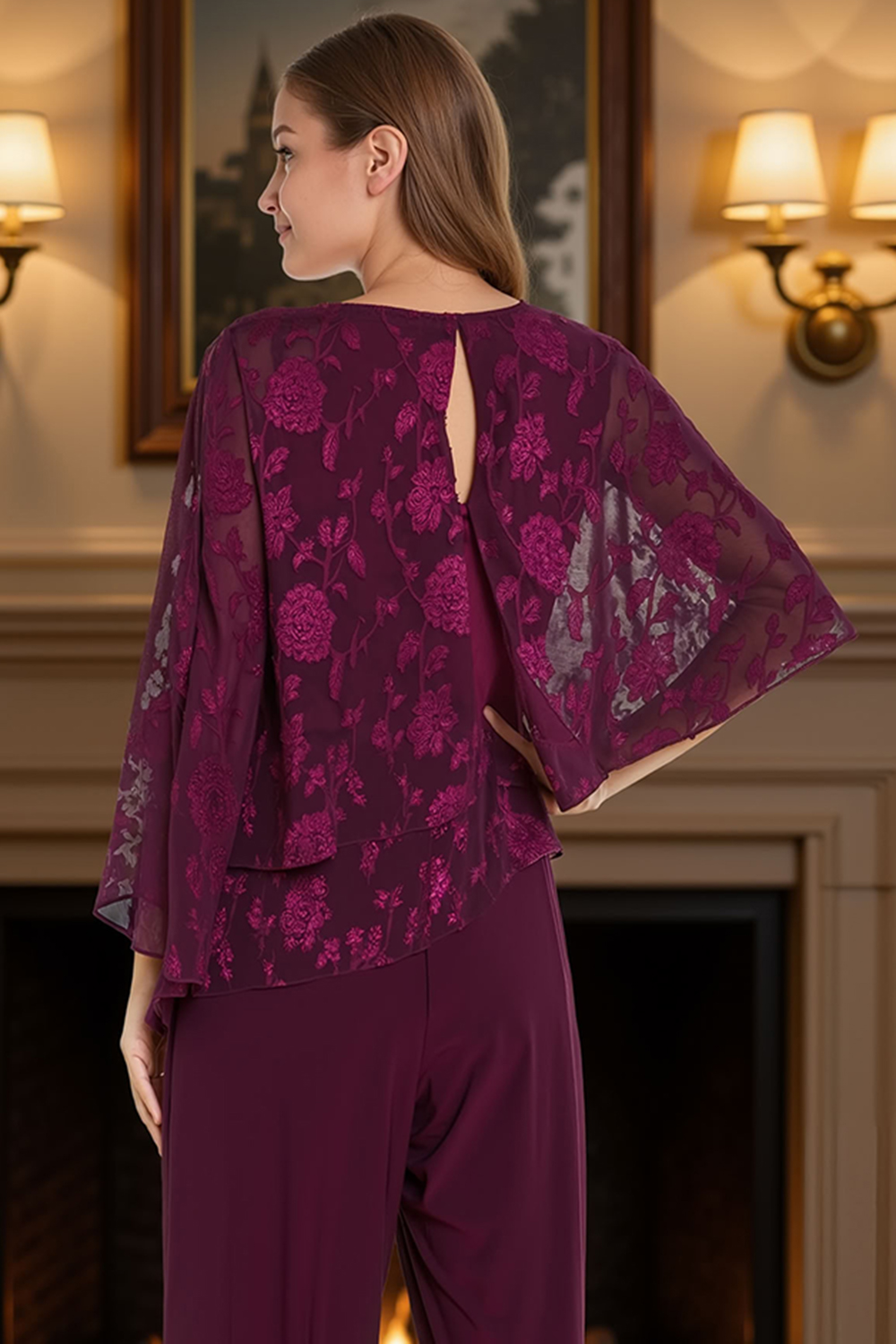 Lace Floral Grape Tiered 2 Piece Mother of the Bride Pant Suits