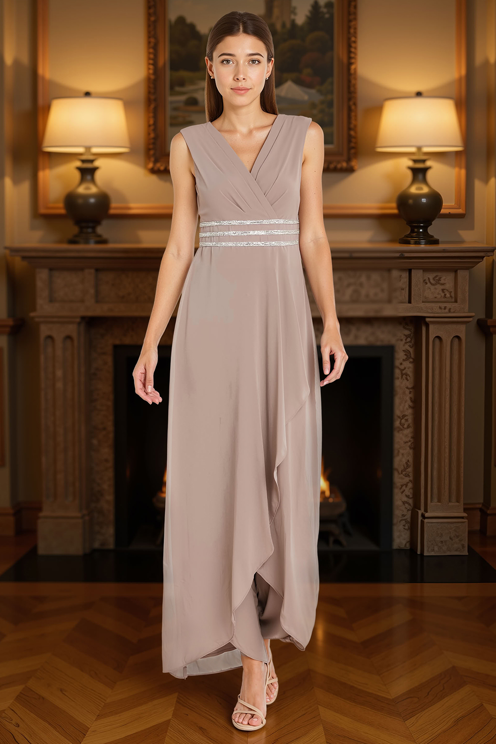 Sparkly V-Neck Apricot Chiffon Floor-Length Mother of the Bride Jumpsuits