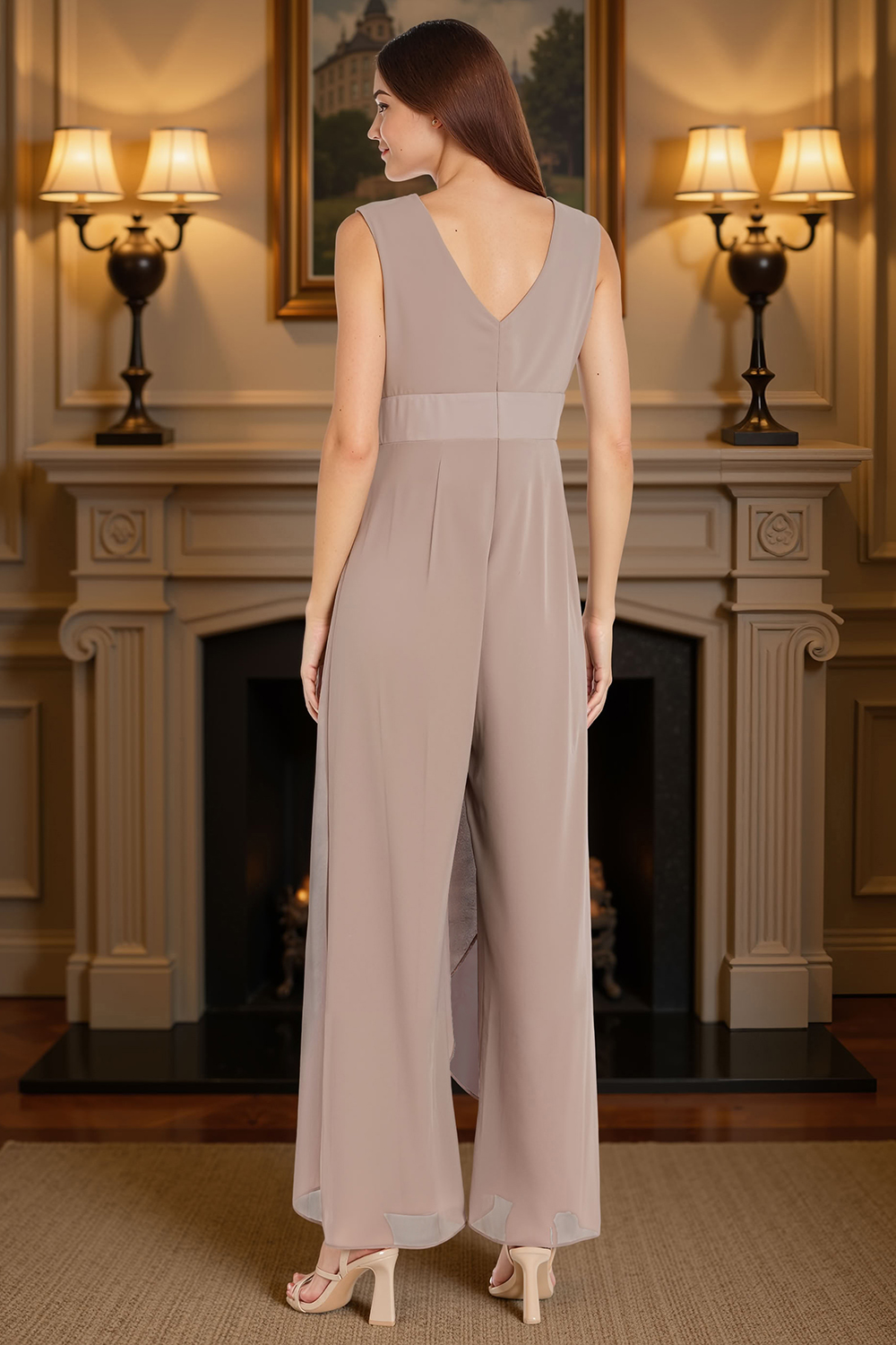Sparkly V-Neck Apricot Chiffon Floor-Length Mother of the Bride Jumpsuits