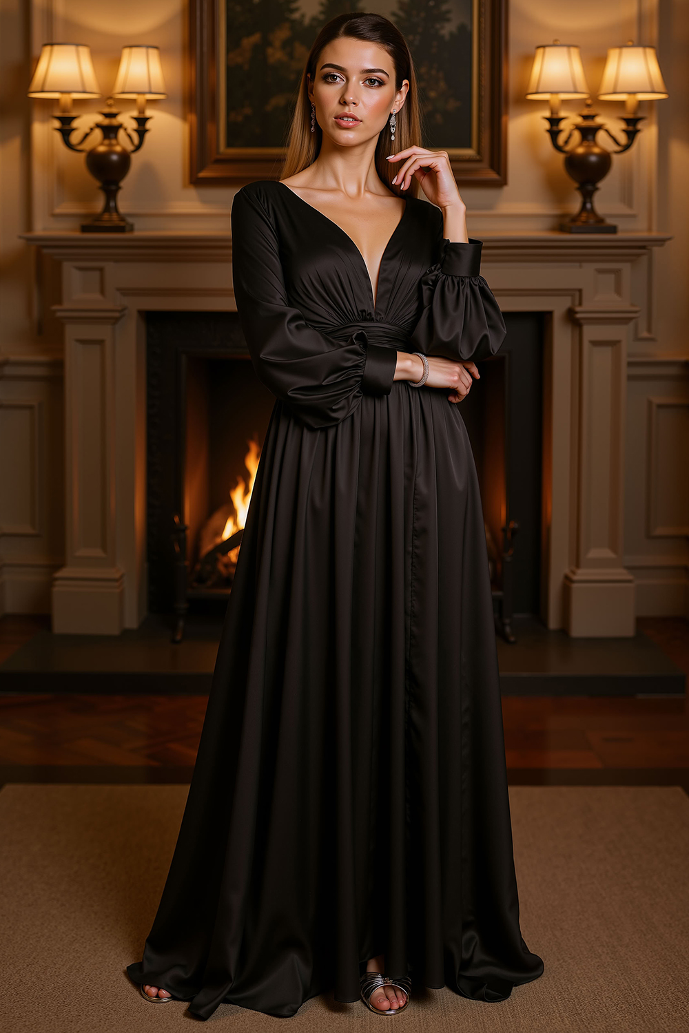 V-Neck Satin Black Floor-Length Mother of the Bride Dress with Slit