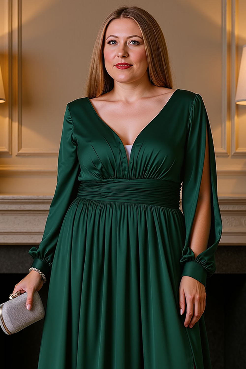 V-Neck Satin Black Floor-Length Mother of the Bride Dress with Slit