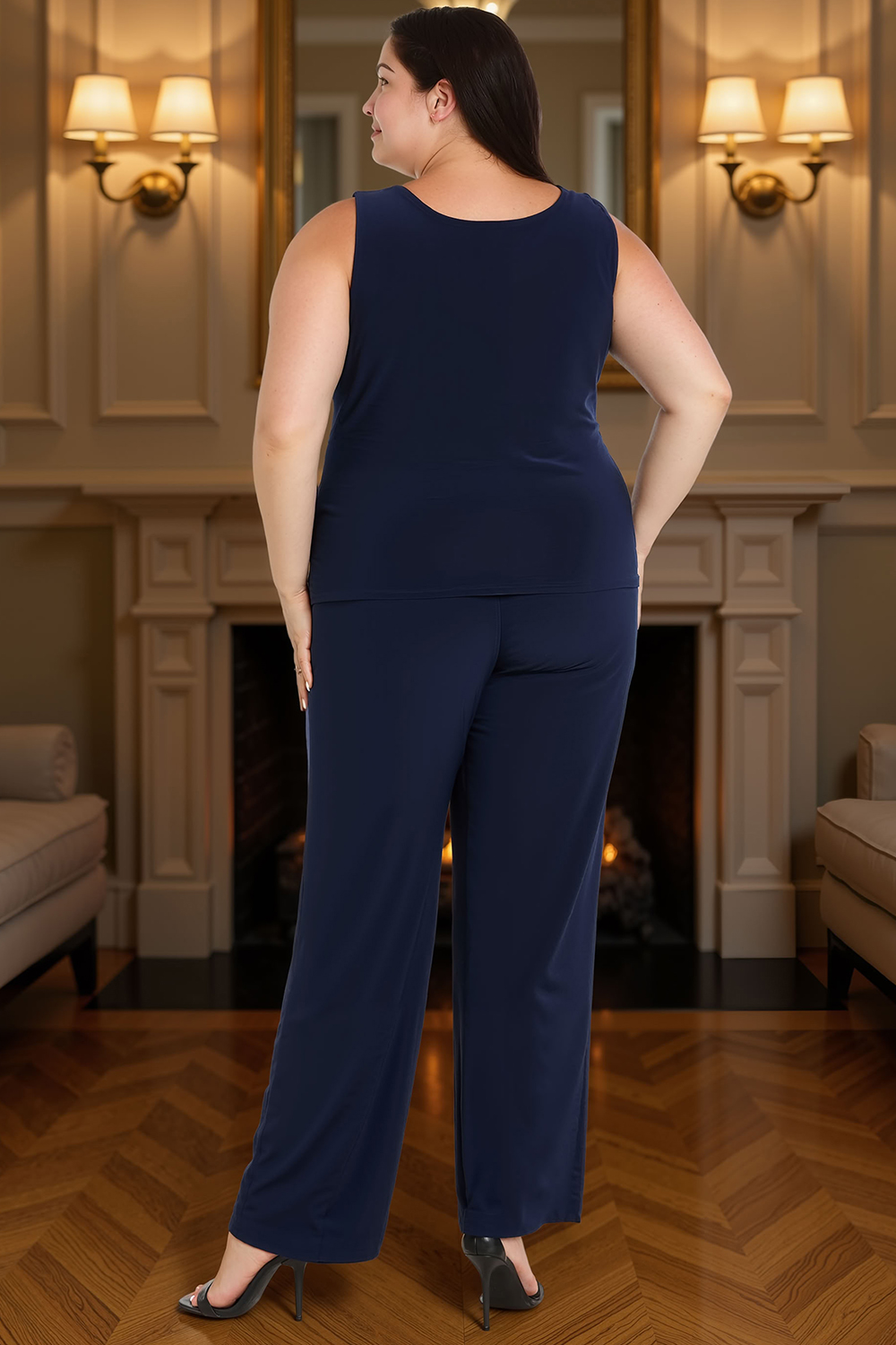 Sparkly Floral Navy Lace 3 Piece Mother of the Bride Pant Suits with Jacket