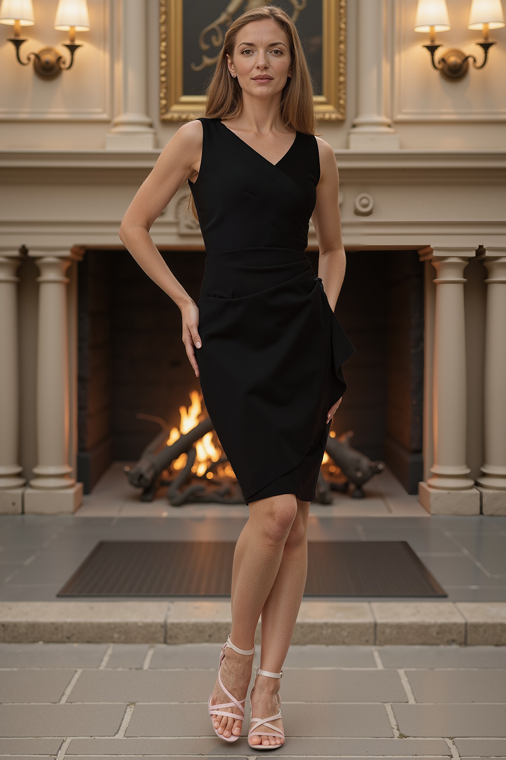 V-Neck Bodycon Ruffled Black Knee-Length Mother of the Bride Dress