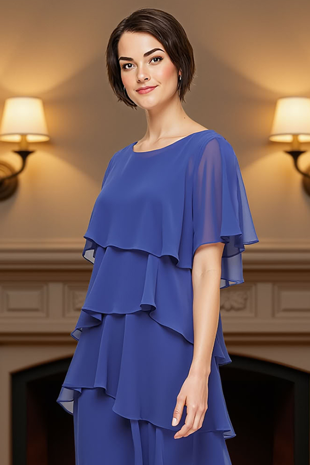 Tiered Royal Blue Knee-Length Mother of the Bride Dress with Ruffles