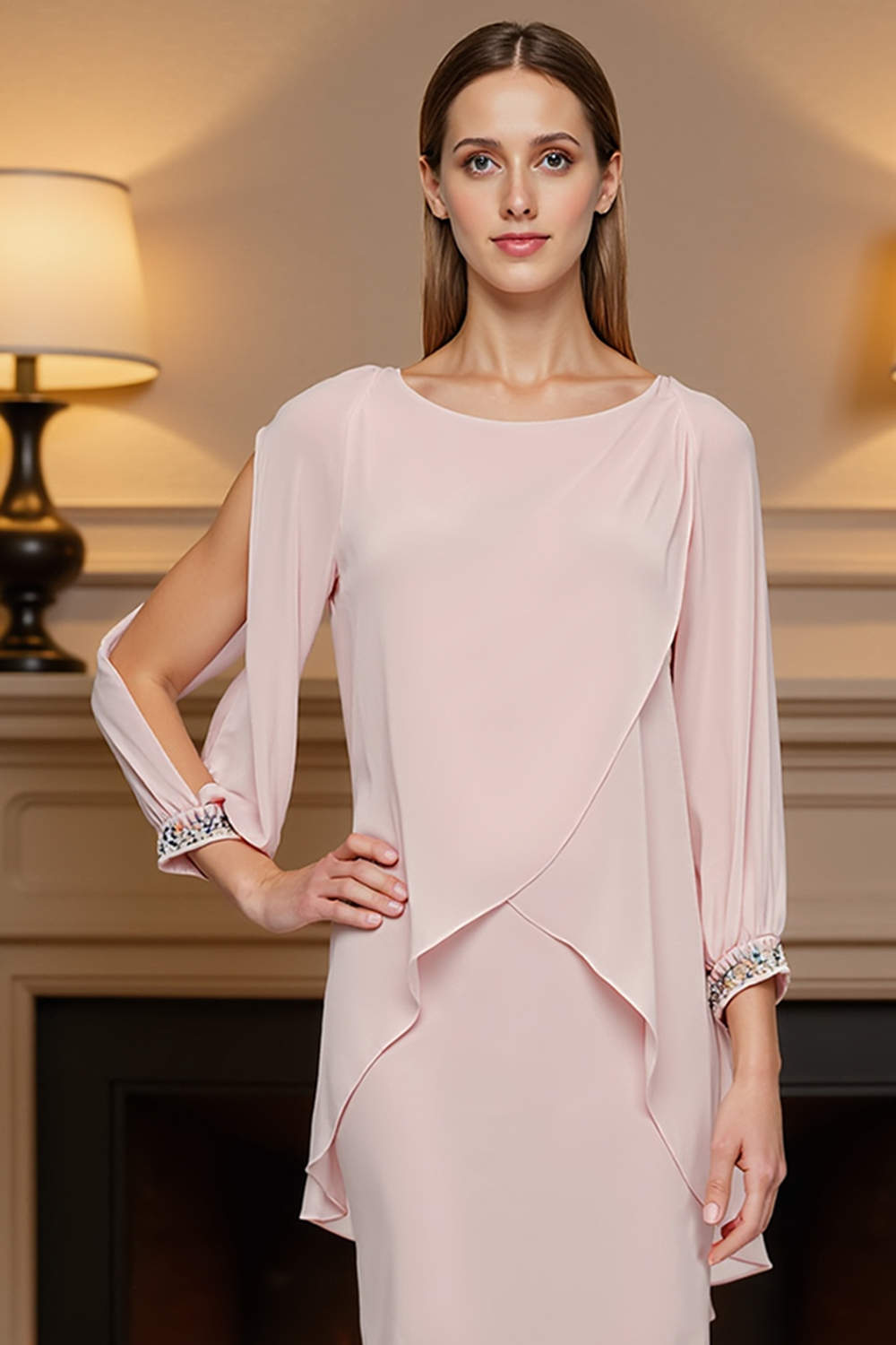 Sparkly Bodycon Candy Pink Knee-Length Mother of the Bride Dress with Sleeves