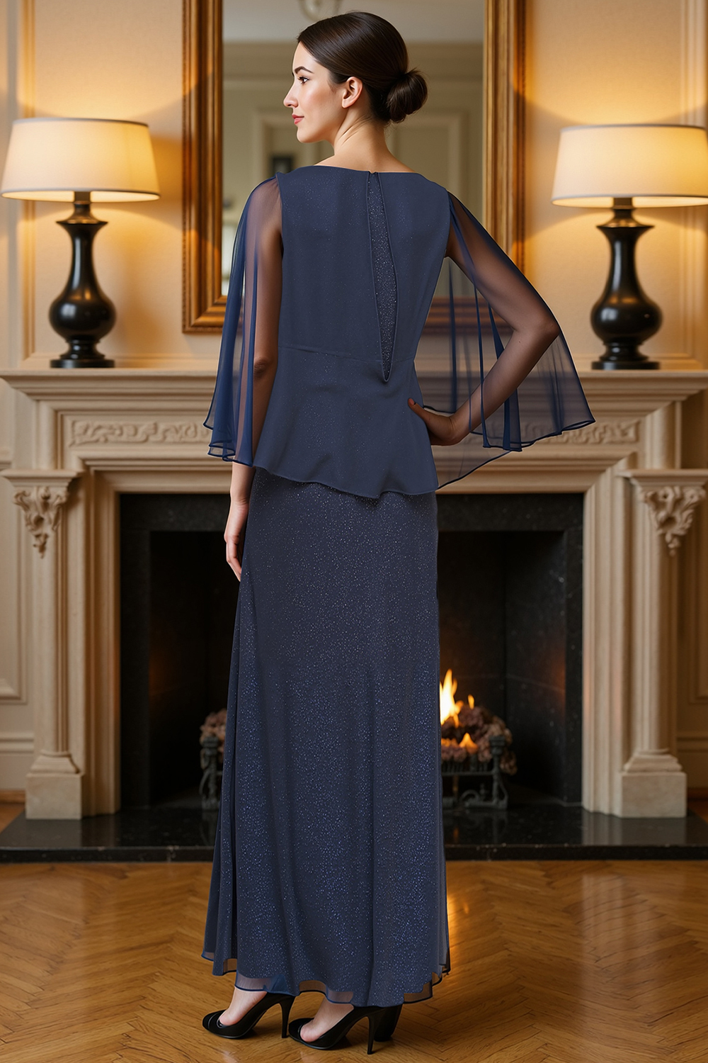 Sheath Navy Boat Neck Floor-Length Mother of the Bride Dress with Cape