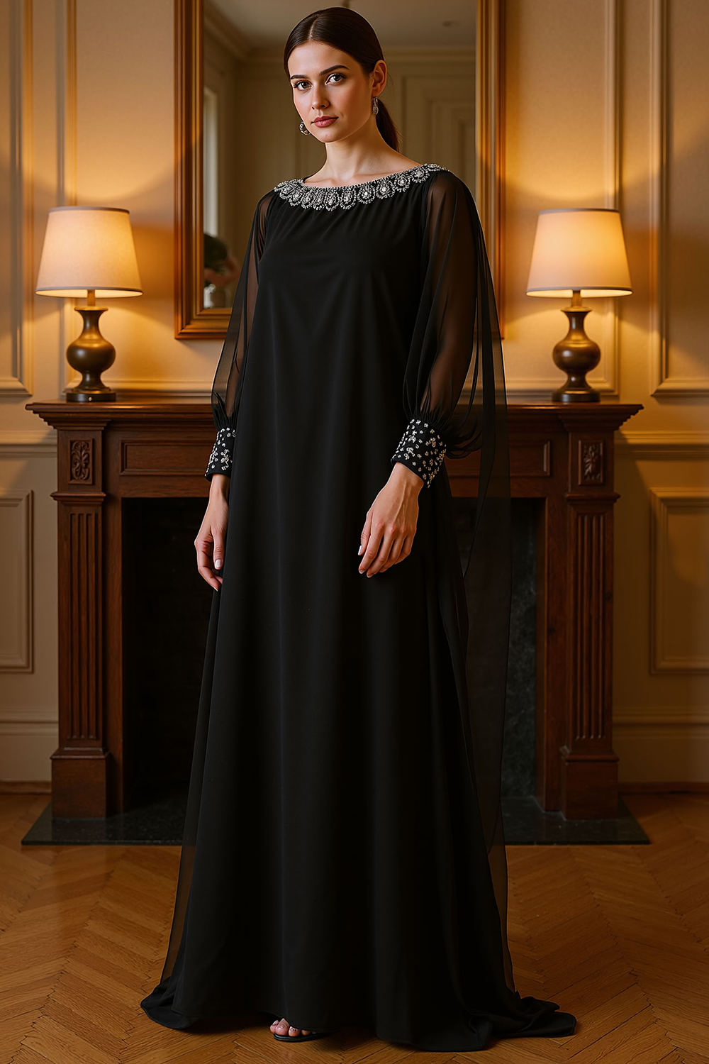 Sparkly Black A Line Floor-Length Mother of the Bride Dress with Sleeves
