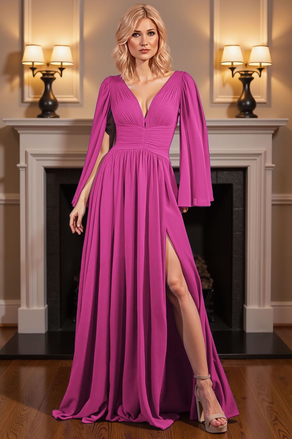 Royal Blue Deep V-Neck Floor-Length Mother of the Bride Dress with Slit