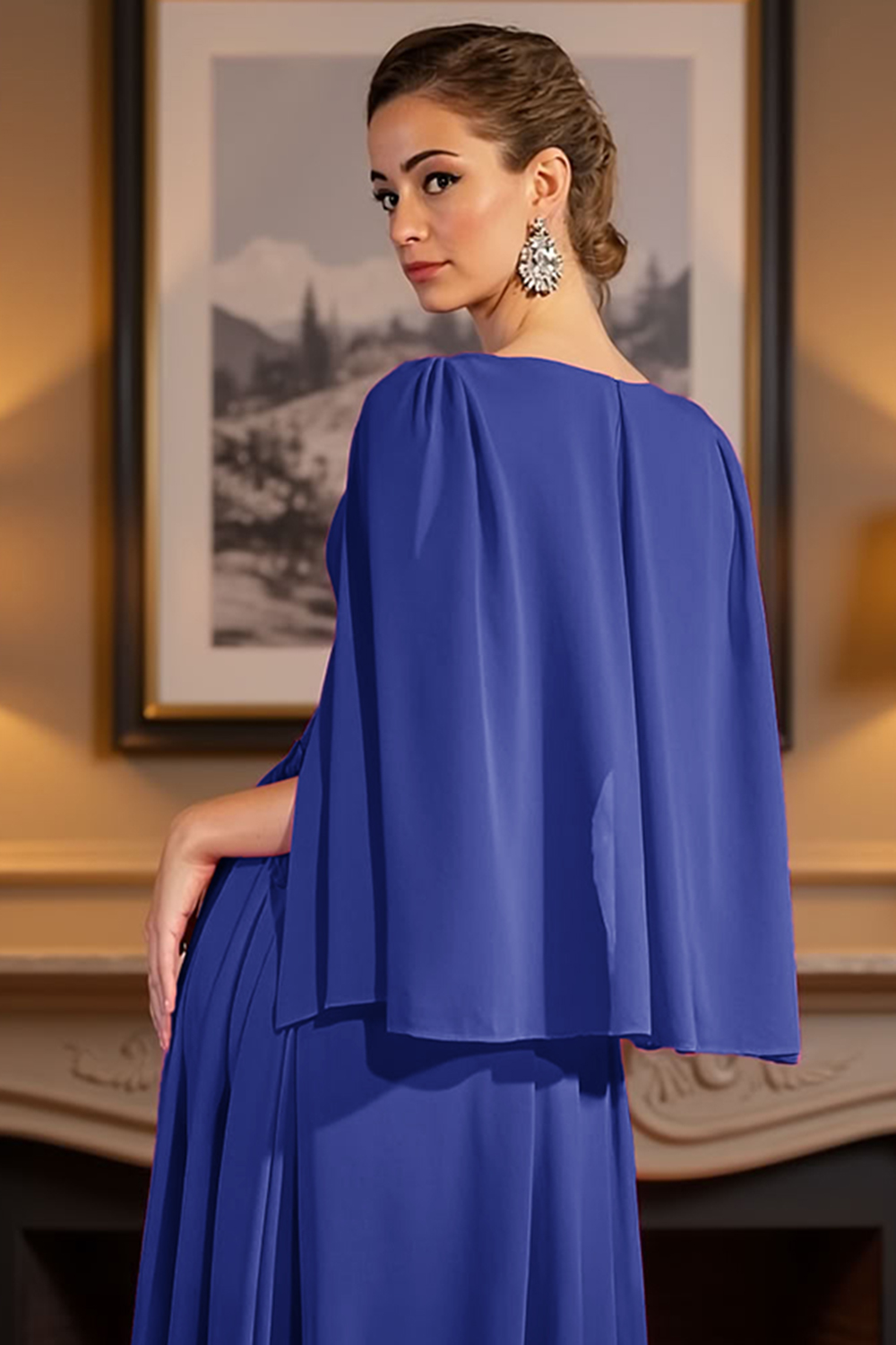 Royal Blue Deep V-Neck Floor-Length Mother of the Bride Dress with Slit