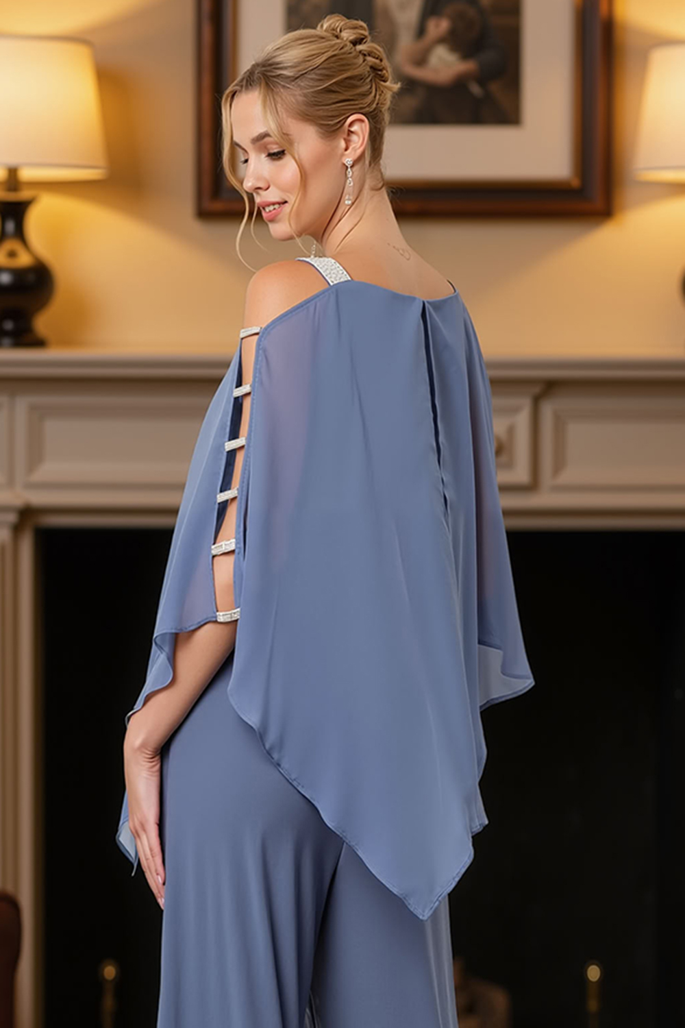 Dusty Blue Chiffon Thick Straps 2 Piece Mother of the Bride Pant Suits with Cape