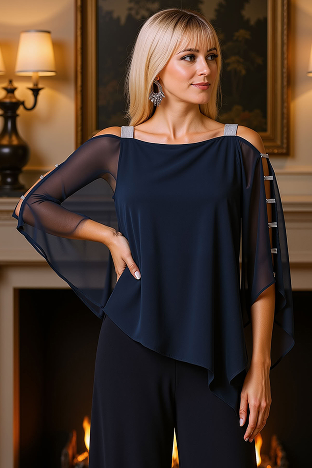 Dusty Blue Chiffon Thick Straps 2 Piece Mother of the Bride Pant Suits with Cape