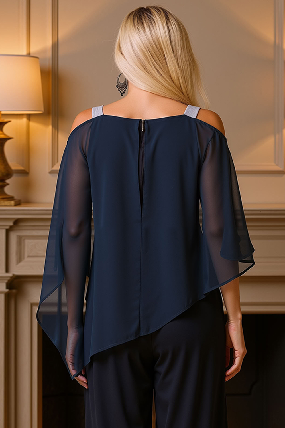 Dusty Blue Chiffon Thick Straps 2 Piece Mother of the Bride Pant Suits with Cape