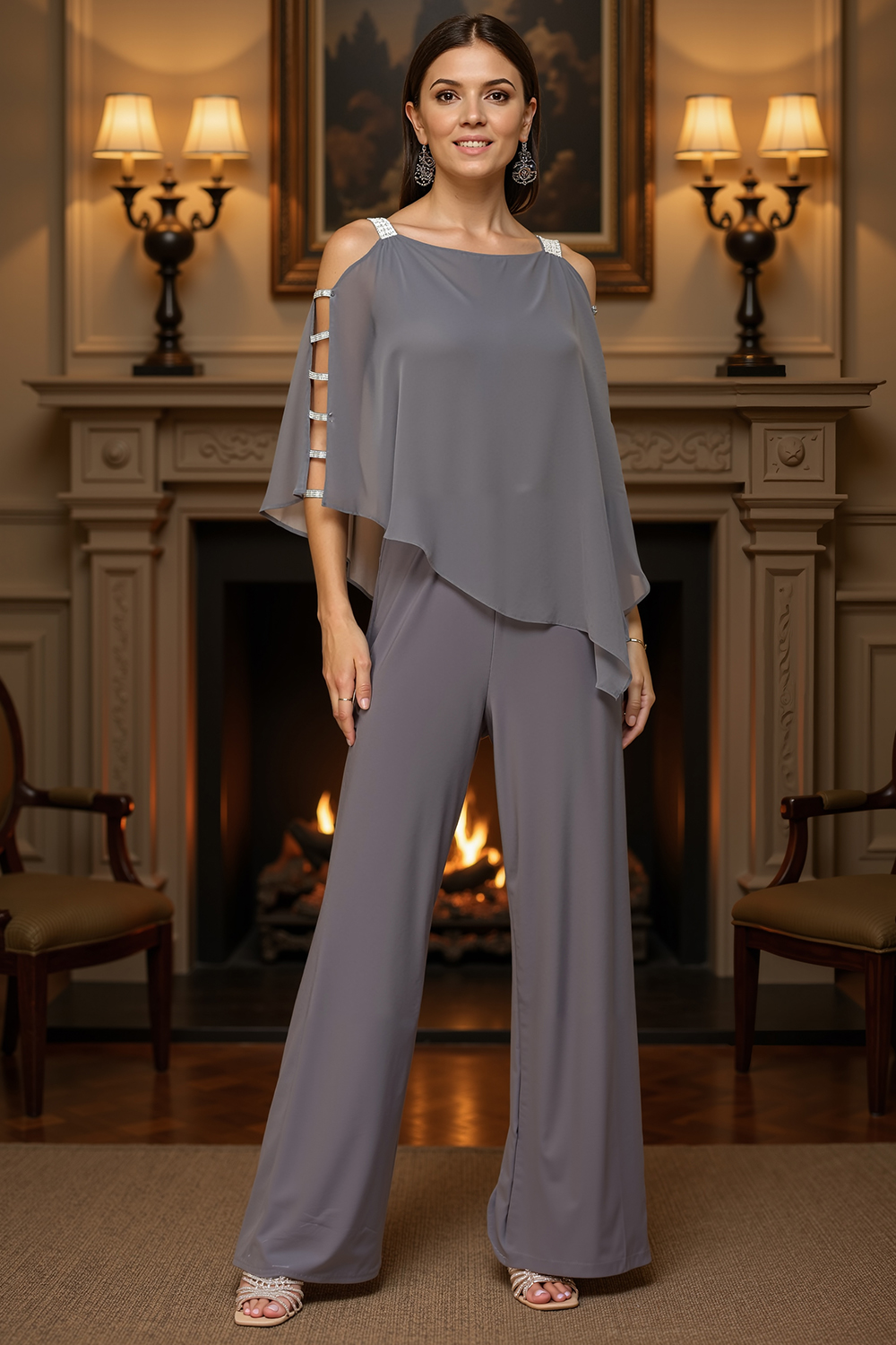 Dusty Blue Chiffon Thick Straps 2 Piece Mother of the Bride Pant Suits with Cape