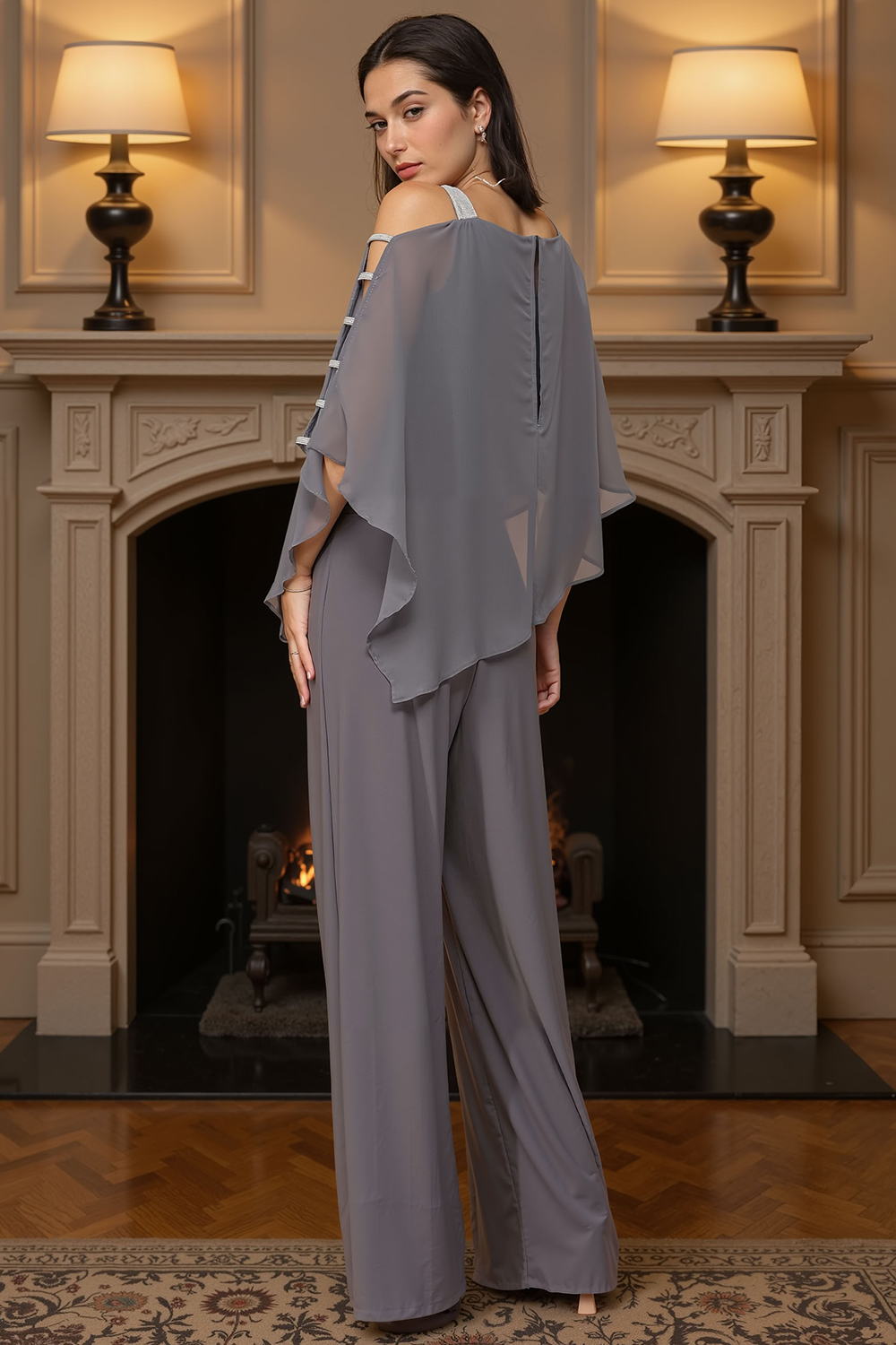 Dusty Blue Chiffon Thick Straps 2 Piece Mother of the Bride Pant Suits with Cape