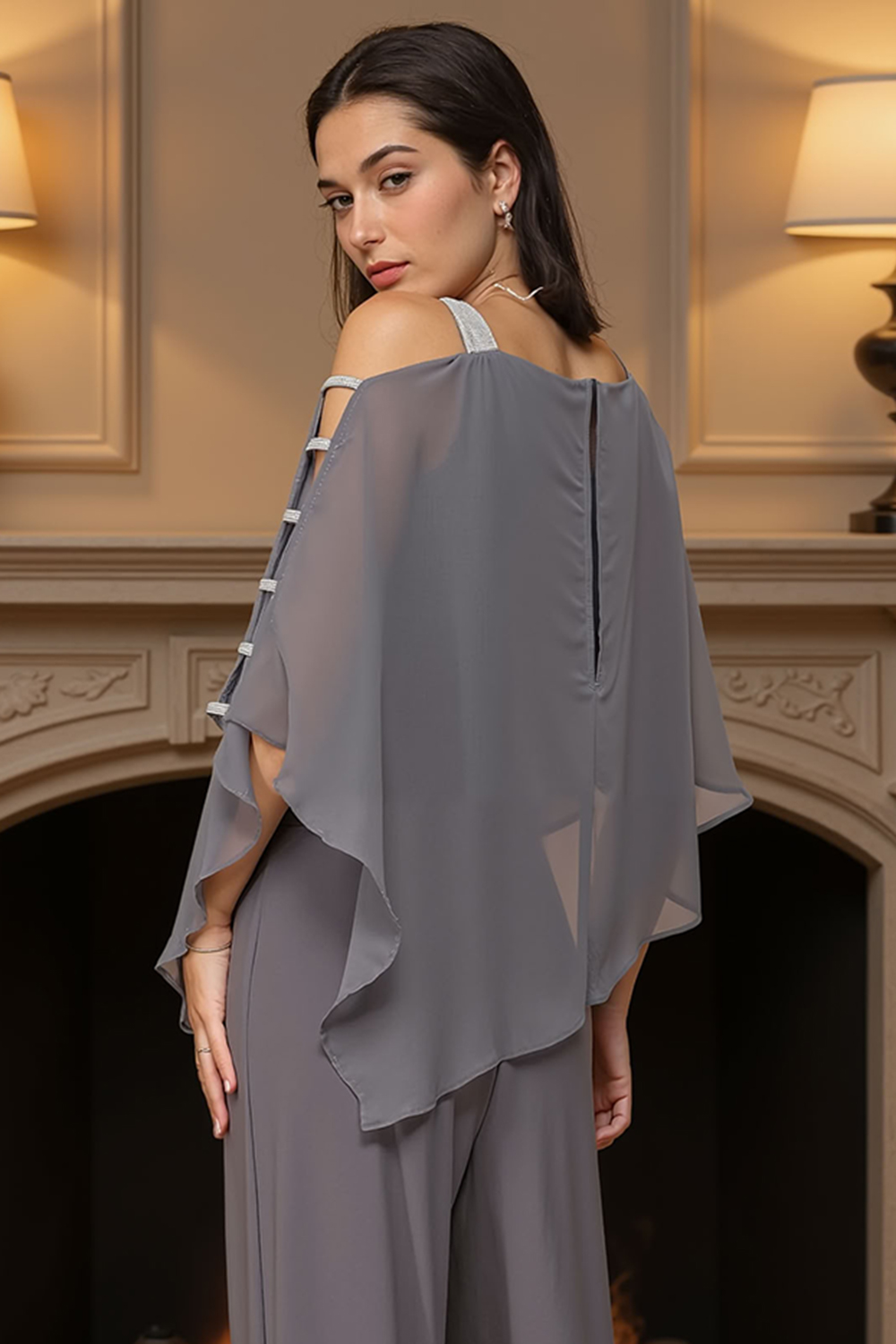 Dusty Blue Chiffon Thick Straps 2 Piece Mother of the Bride Pant Suits with Cape