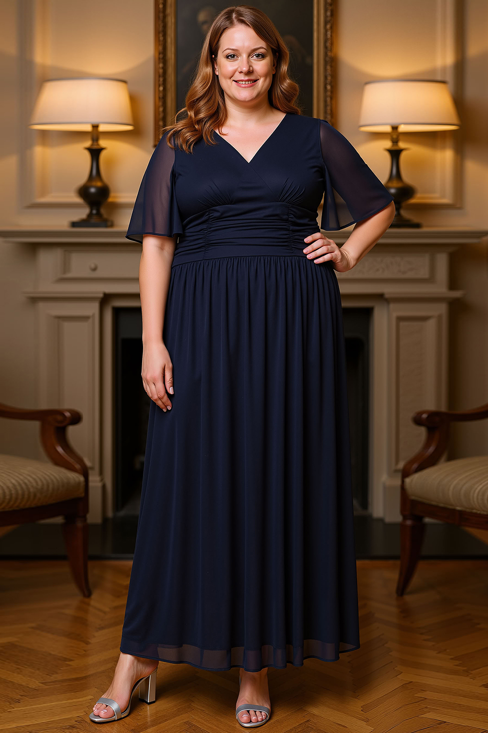 Navy V-Neck Chiffon Ruched Floor-Length Mother of the Bride Dress