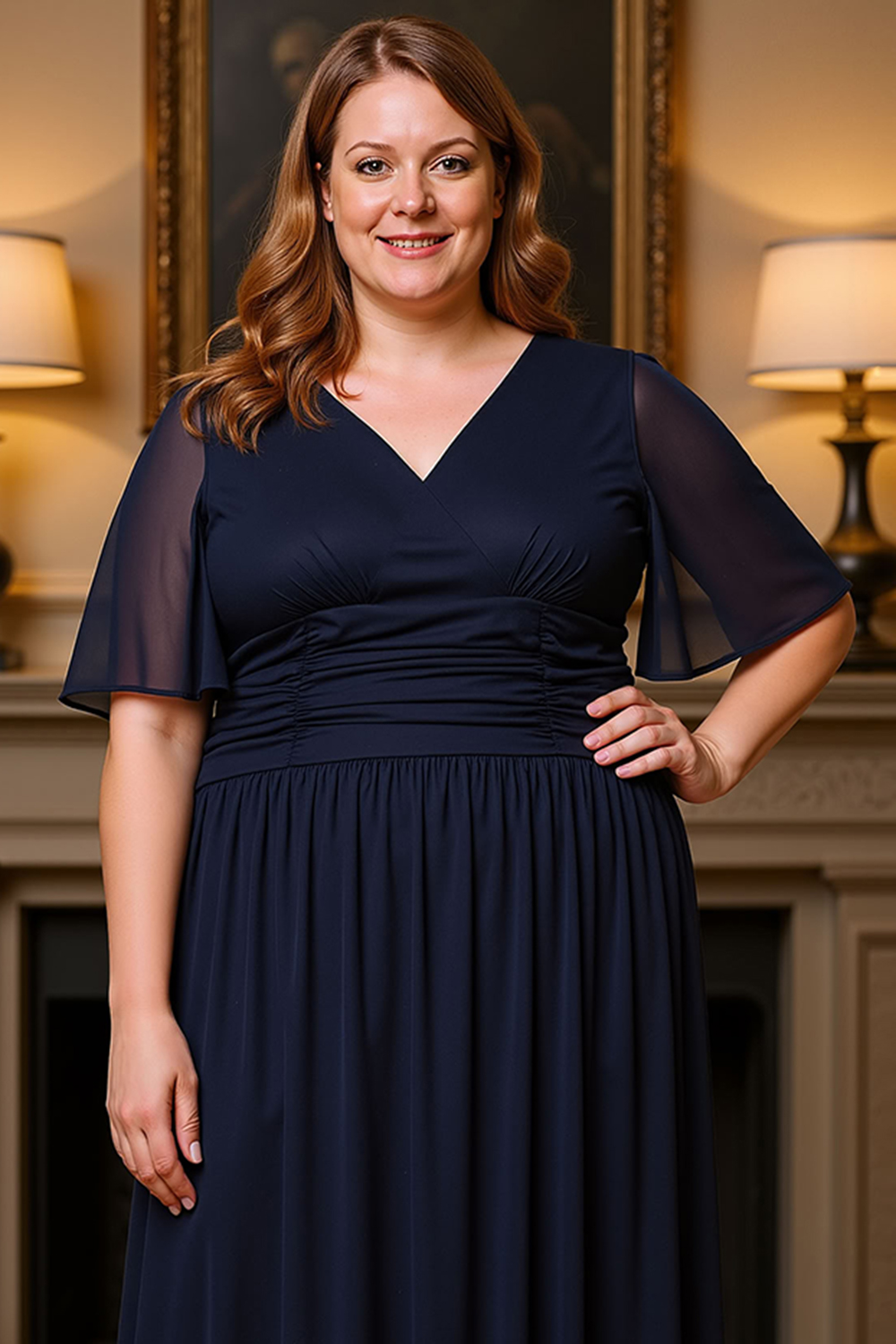 Navy V-Neck Chiffon Ruched Floor-Length Mother of the Bride Dress