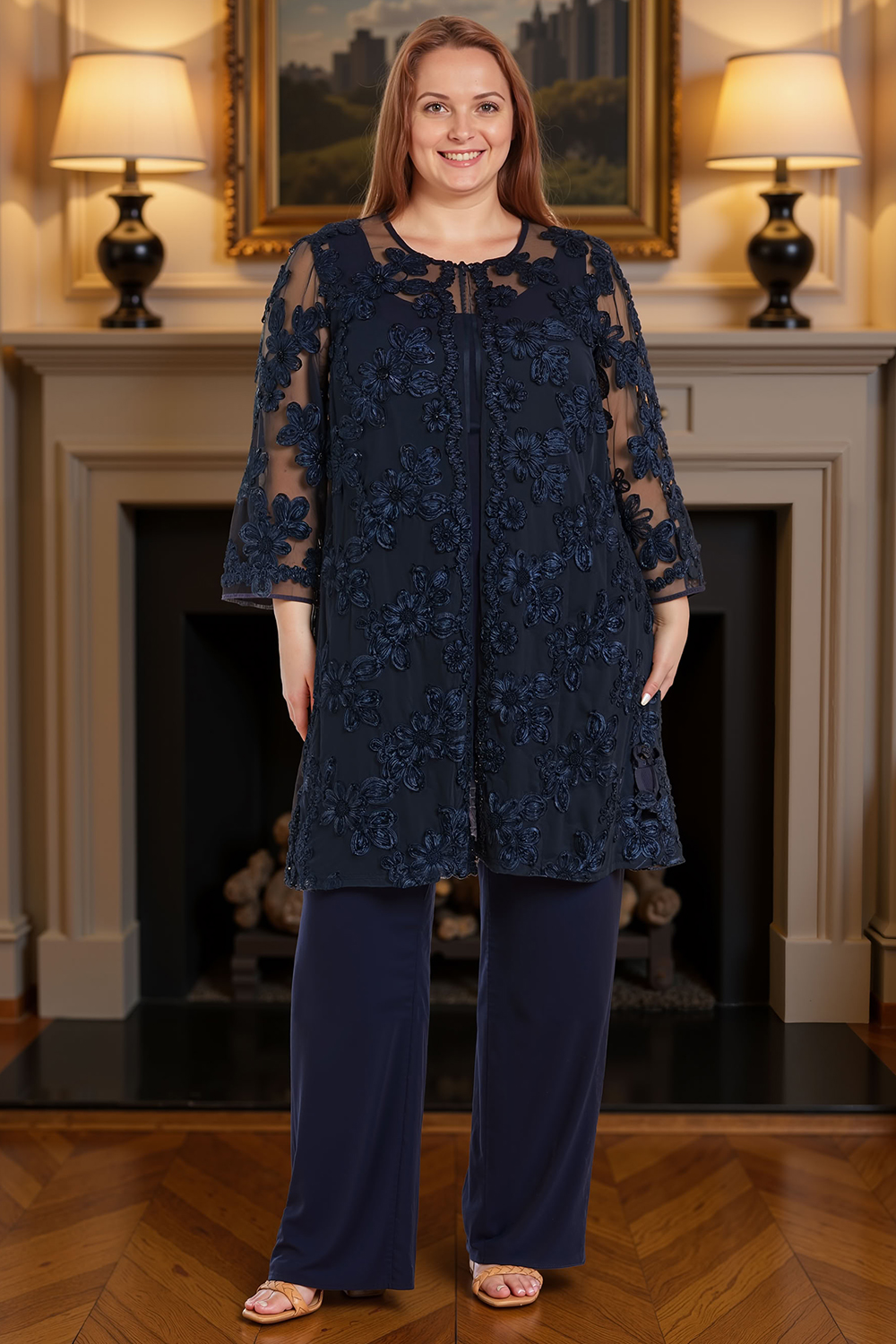 Floral Lace Navy 3 Piece Mother of the Bride Pant Suits with Jacket