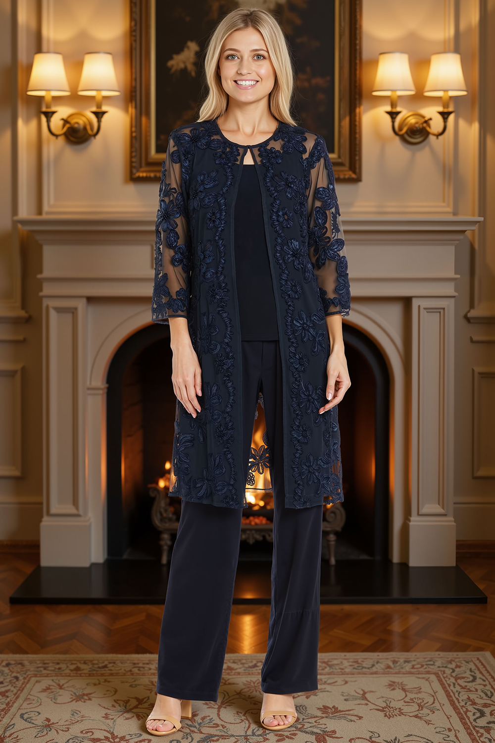 Floral Lace Navy 3 Piece Mother of the Bride Pant Suits with Jacket